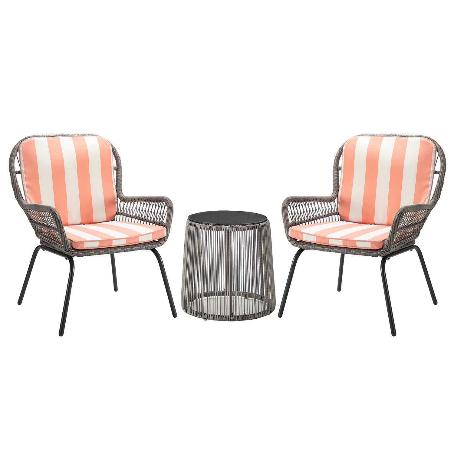 Gray Faux Rattan and Creamsicle Stripe Outdoor Chair and Table Set