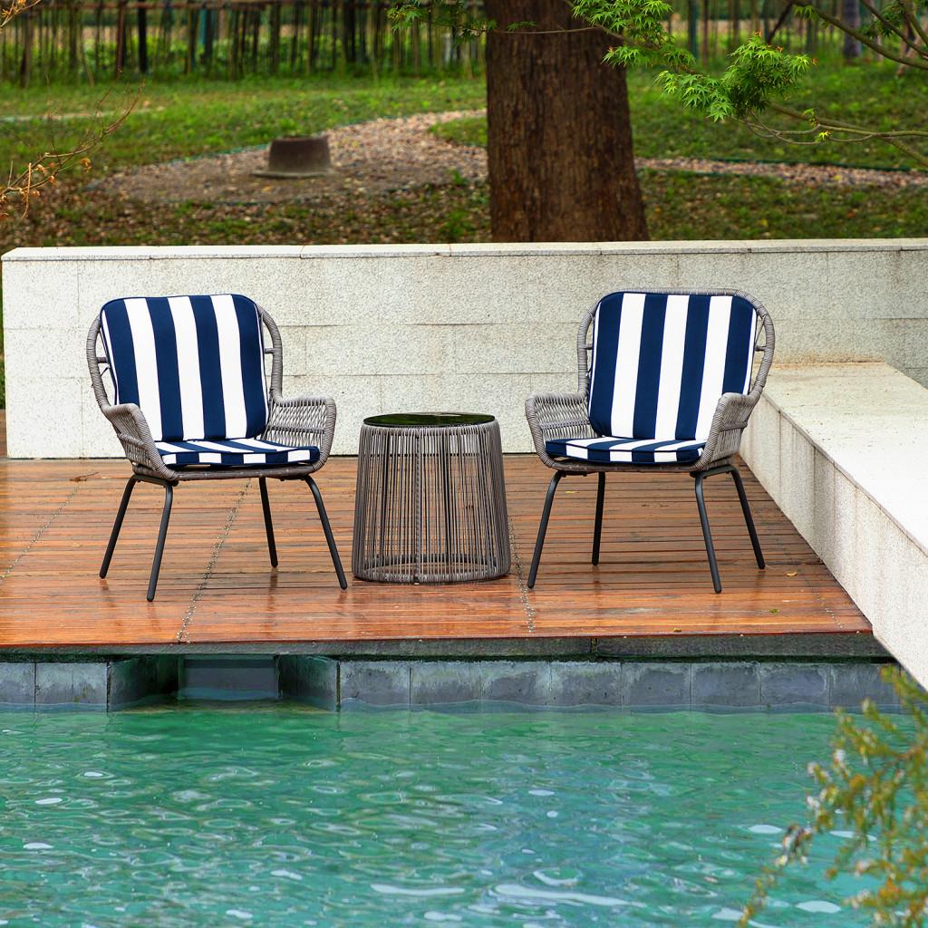 Gray Faux Rattan and Navy Stripe Outdoor Chair and Table Set