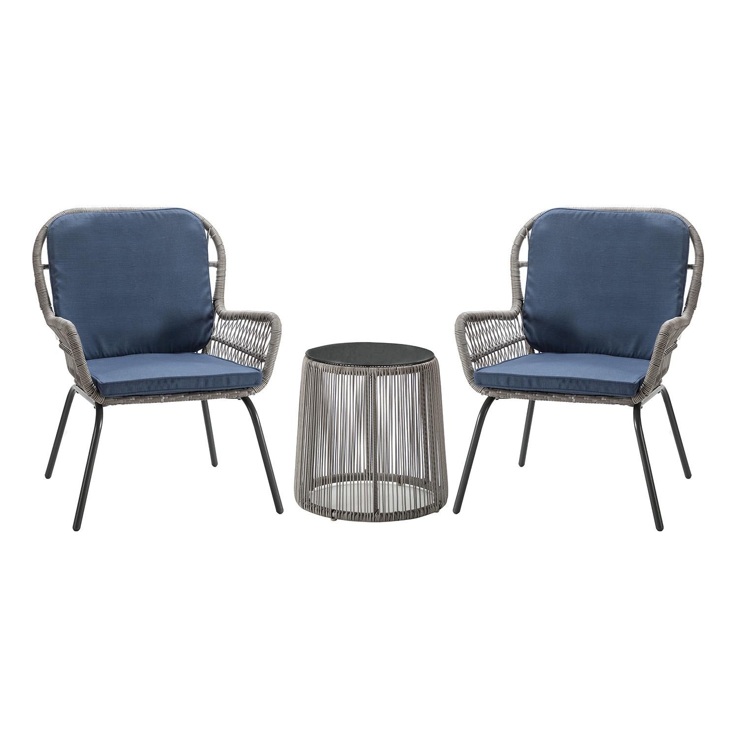 Gray Faux Rattan and Slate Blue Outdoor Chair and Table Set