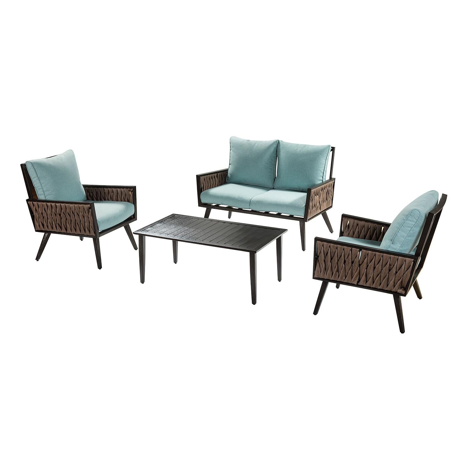 Brown Woven and Pale Aqua Outdoor Sofa Seating and Table Set