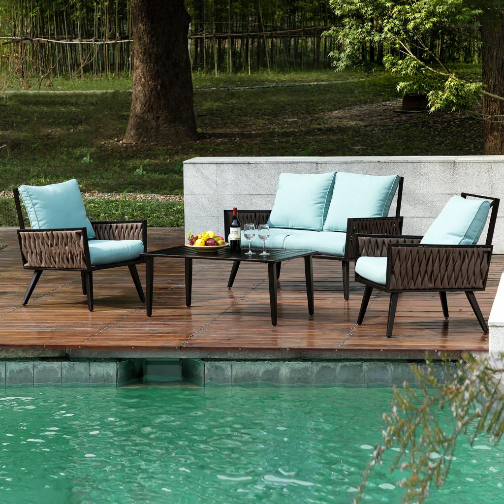 Brown Woven and Pale Aqua Outdoor Sofa Seating and Table Set