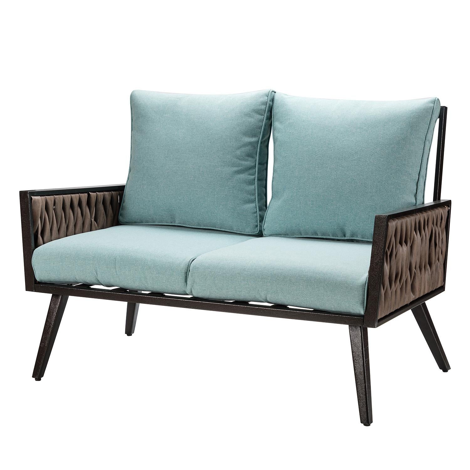 Brown Woven and Pale Aqua Outdoor Sofa Seating and Table Set