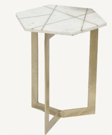 Mod White and Gold Marble Hexagon Geo End or Side Table