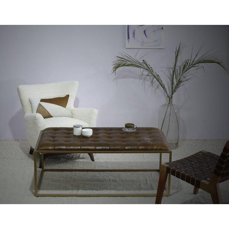 48” Brown Genuine Tufted Leather and Iron Coffee Table