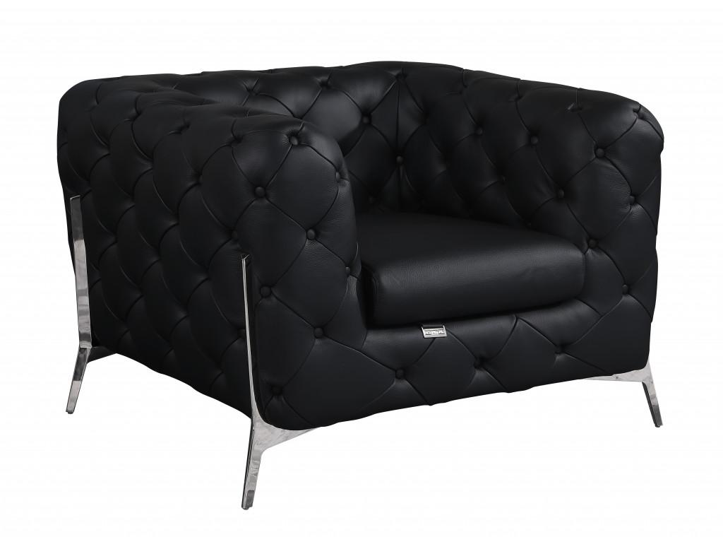 Glam Black and Chrome Tufted Leather Armchair