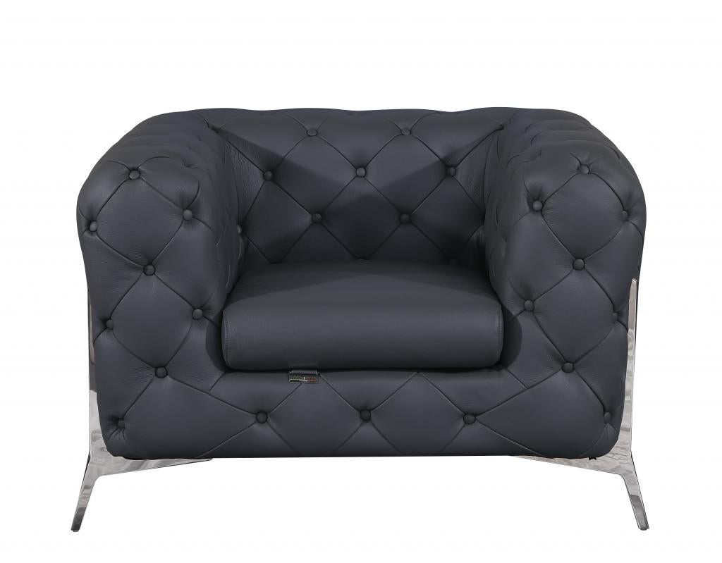 Glam Gray and Chrome Tufted Leather Armchair