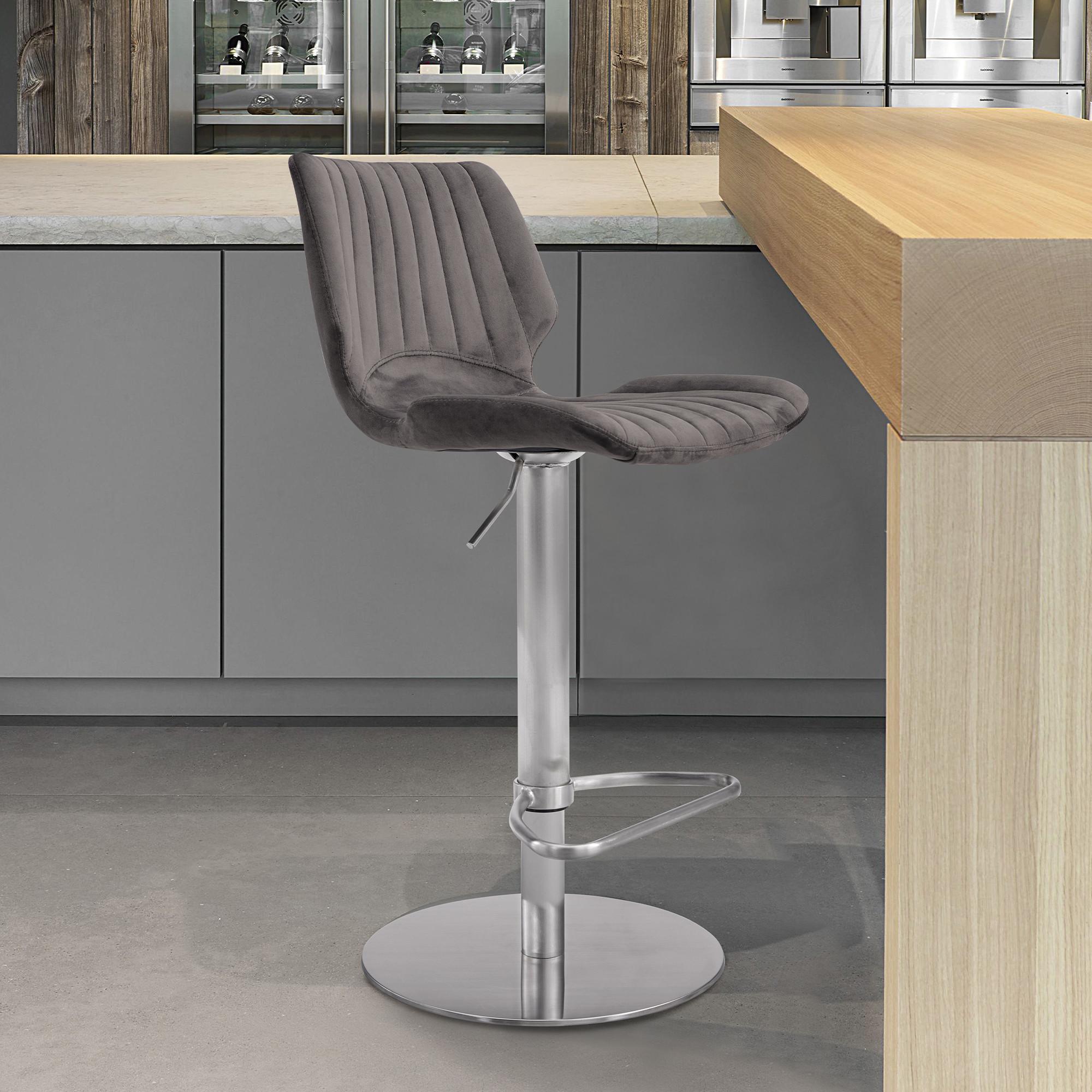 Dove Gray Velvet and Chrome Channel Adjustable Swivel Bar Stool