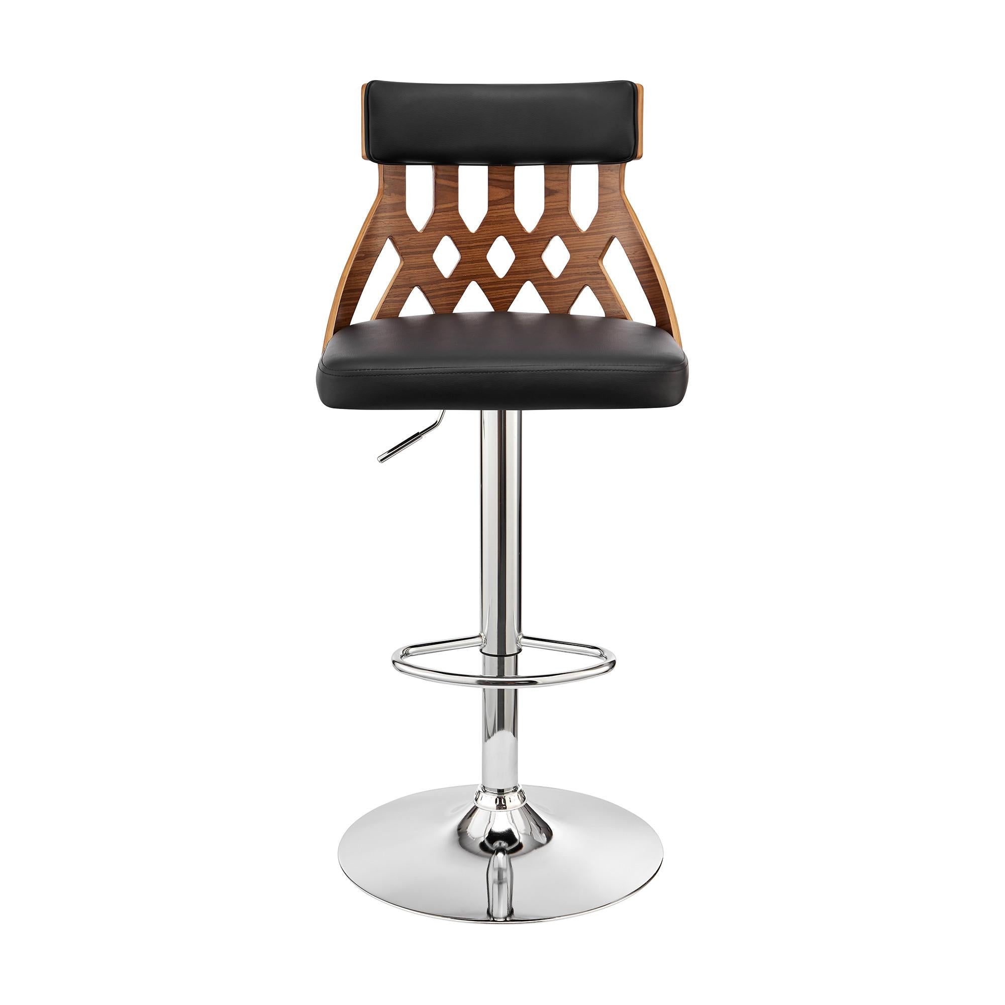 Adjustable Black Faux Leather and Walnut Lattice Bar Stool