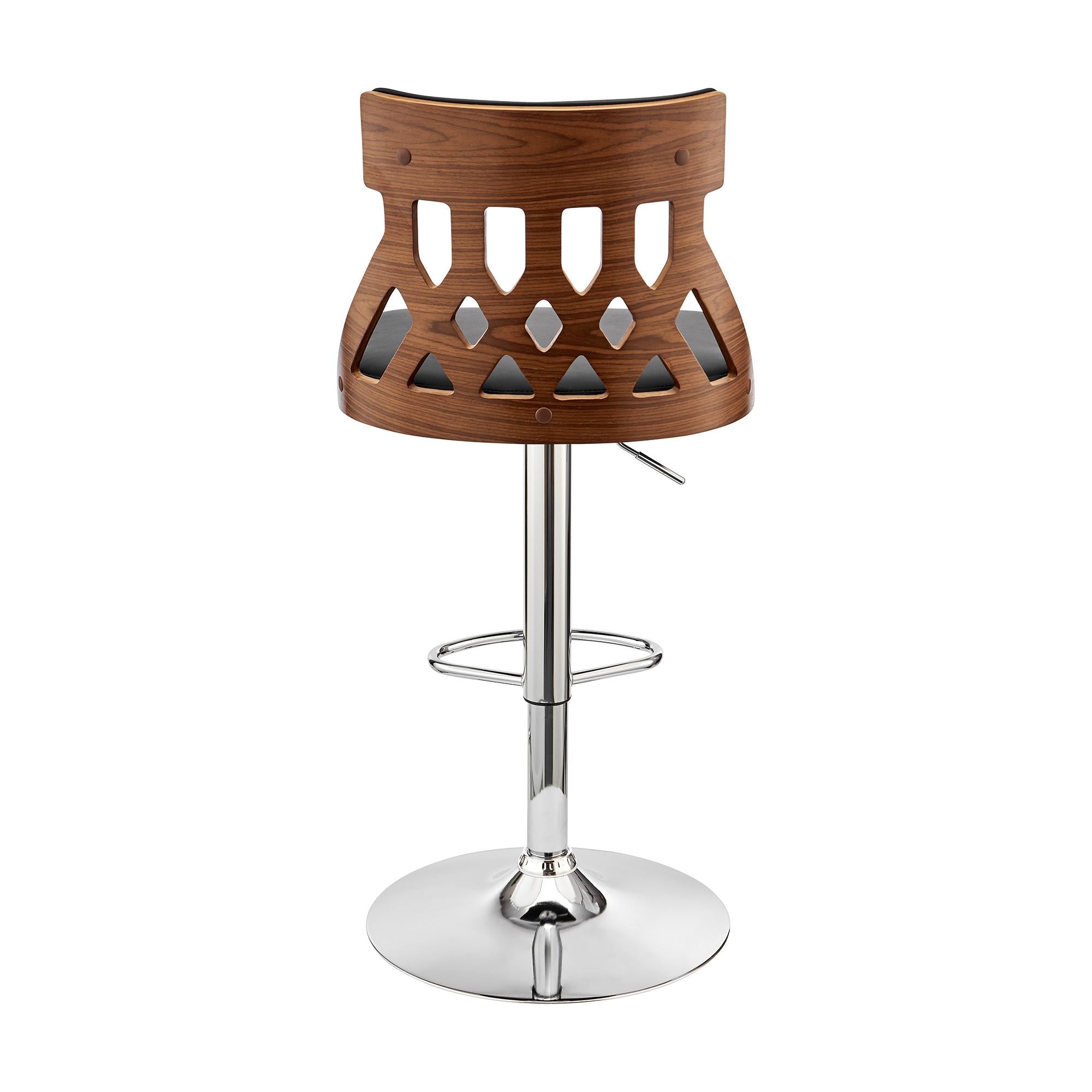 Adjustable Black Faux Leather and Walnut Lattice Bar Stool