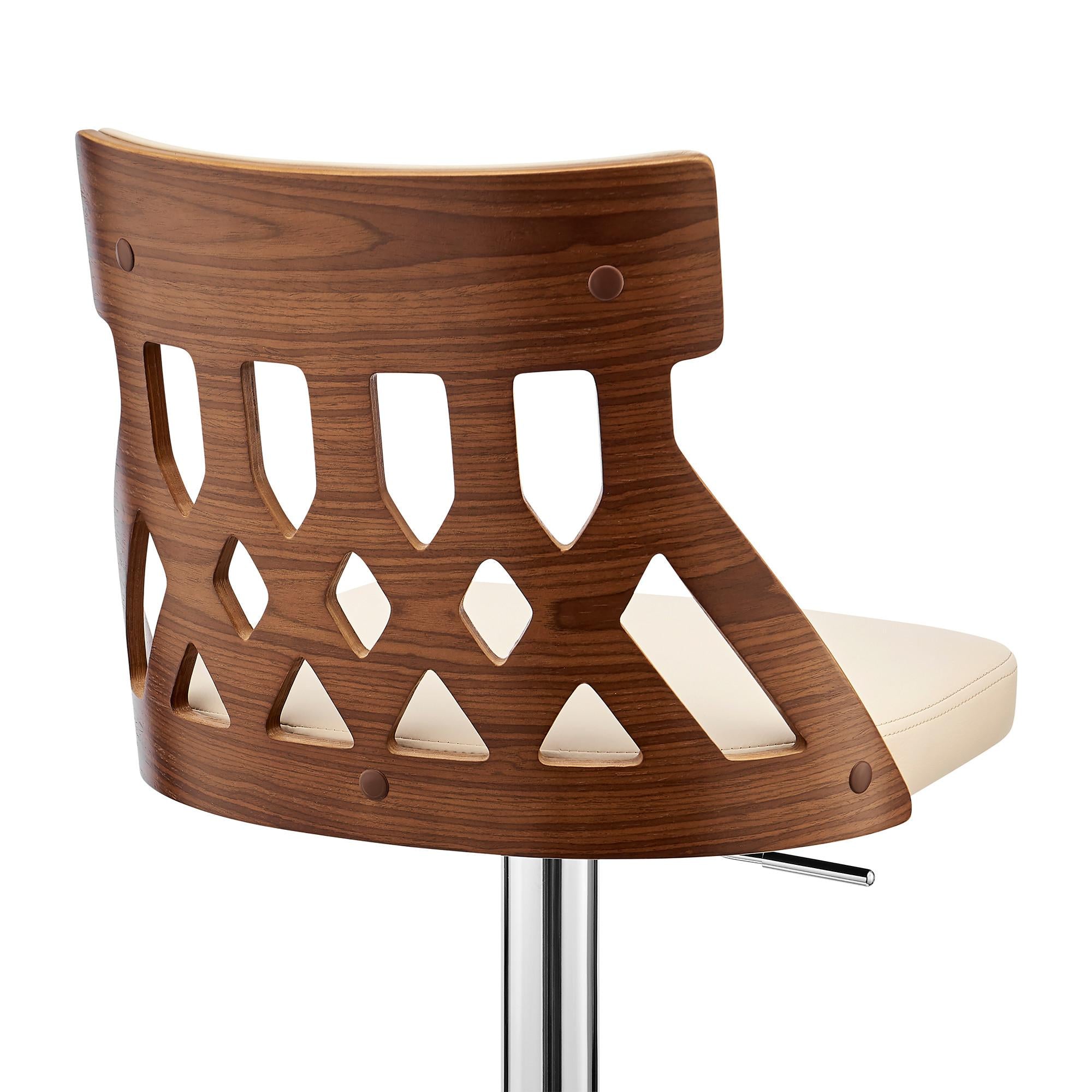 Adjustable Cream Faux Leather and Walnut Lattice Bar Stool