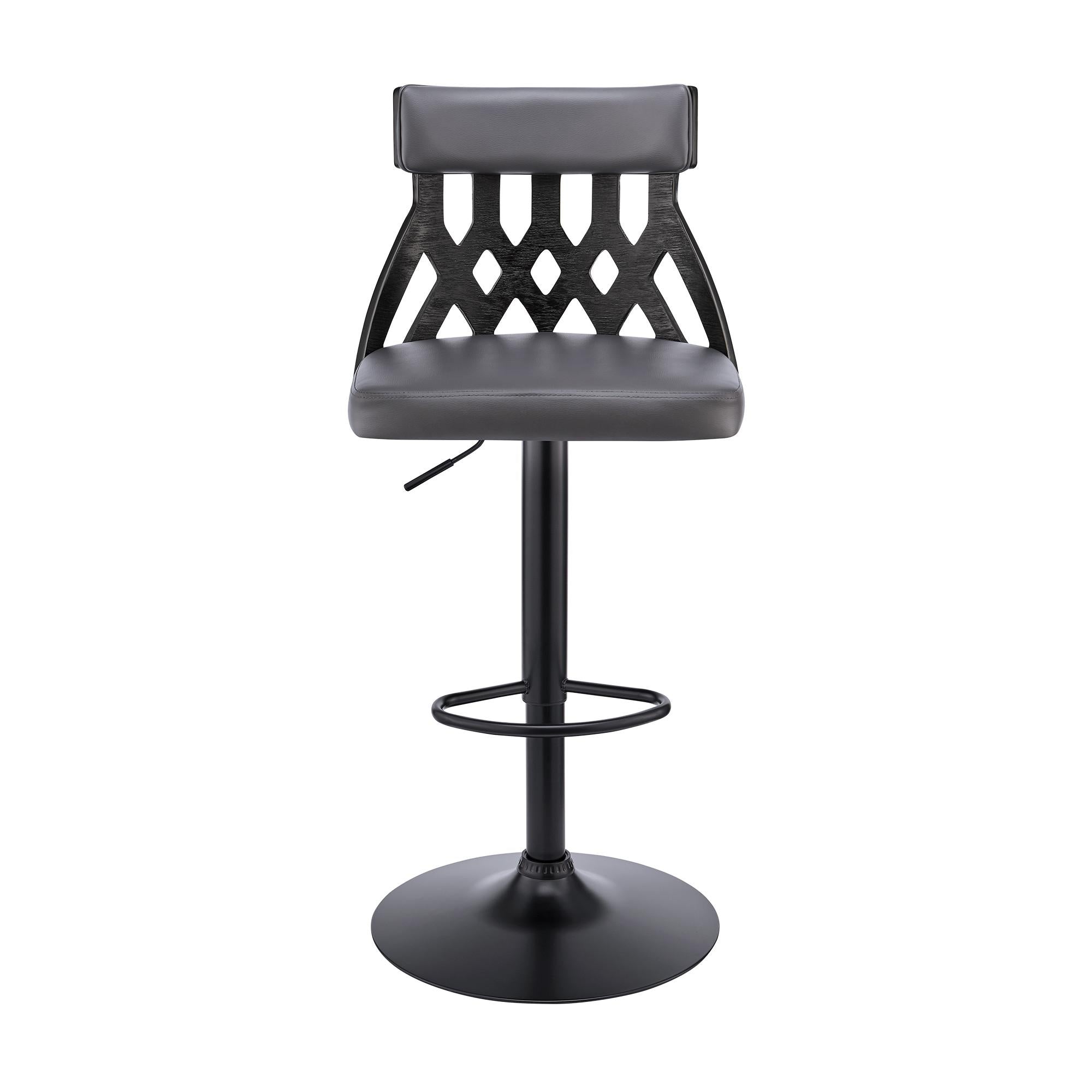 Adjustable Gray Faux Leather and Black Lattice Bar Stool