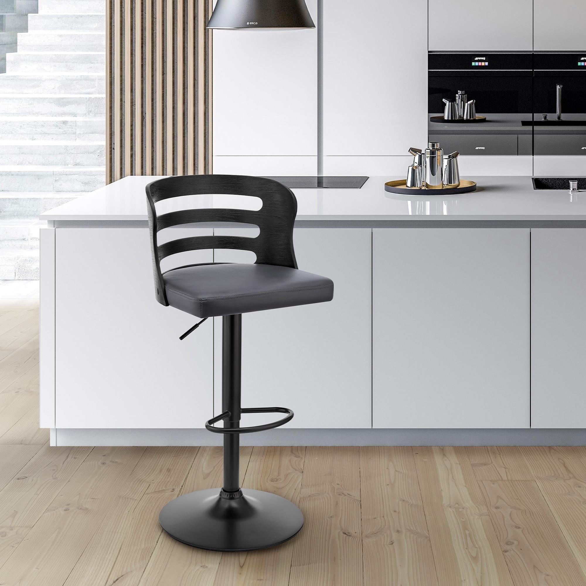 Gray Upholstered & Black Base Adjustable Swivel Bar Stool