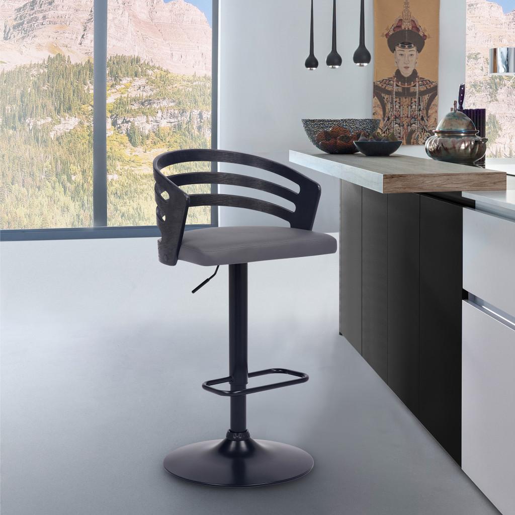 Gray Faux Leather Black Wood and Steel Adjustable Swivel Bar Stool