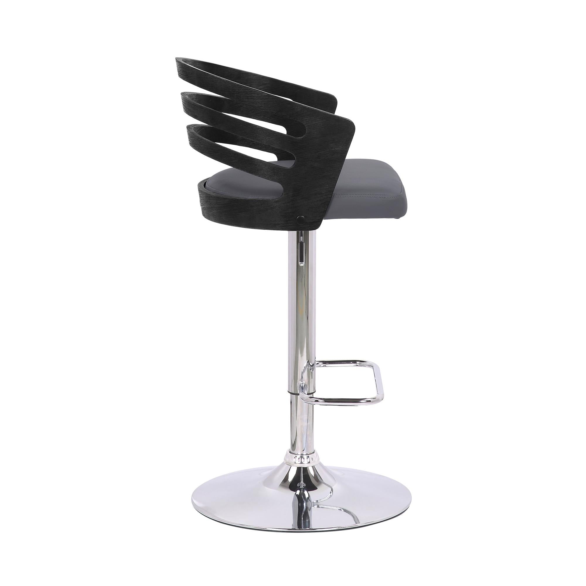 Gray Faux Leather Black Wood and Chrome Adjustable Swivel Bar Stool