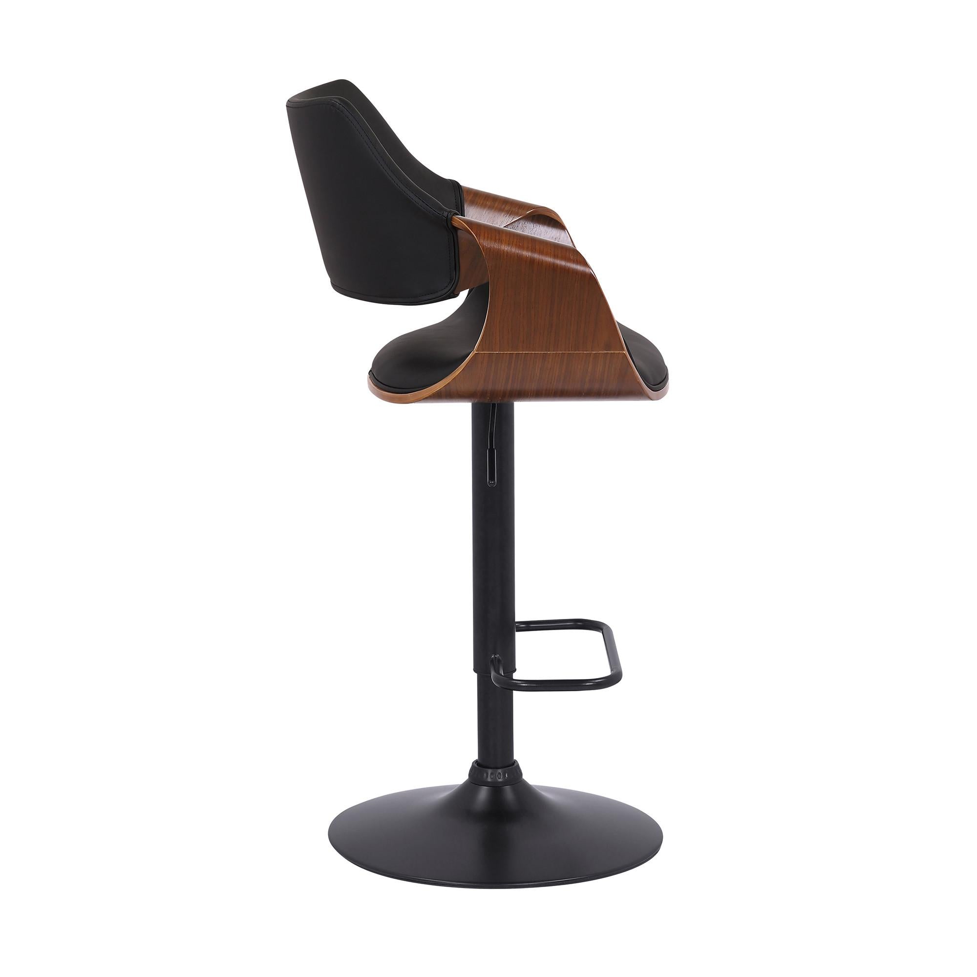 Black Faux Leather and Walnut Wood and Black Swivel Adjustable Bar Stool