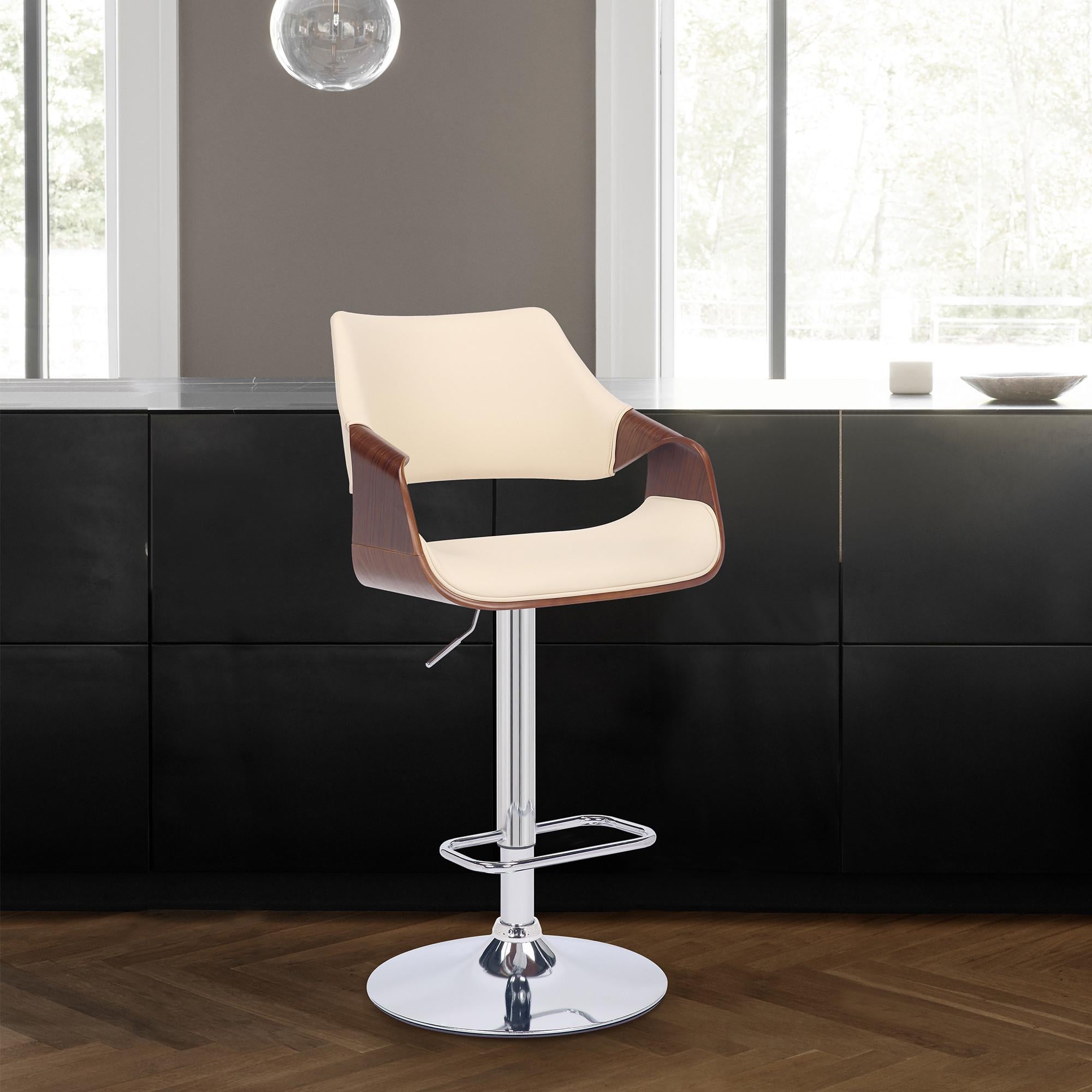 Cream Faux Leather and Walnut Wood and Chrome Swivel Adjustable Bar Stool