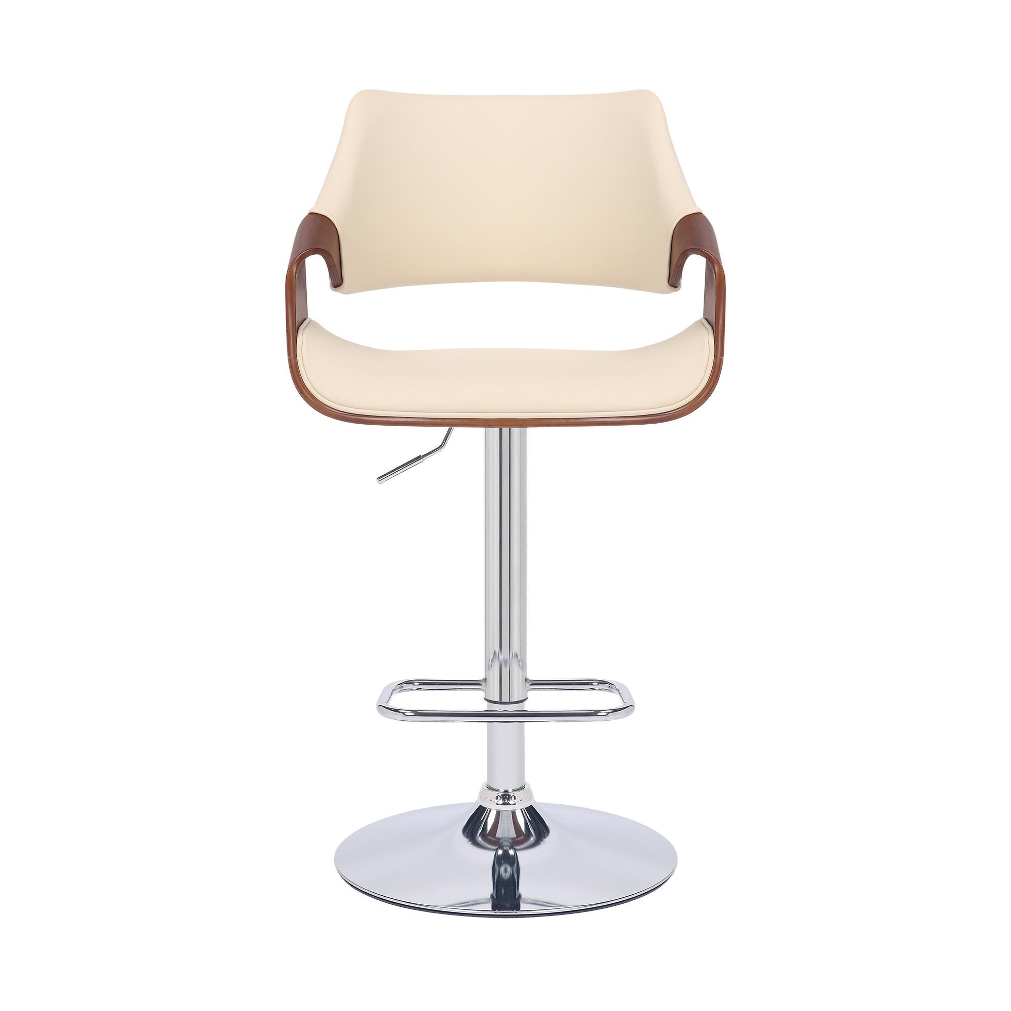 Cream Faux Leather and Walnut Wood and Chrome Swivel Adjustable Bar Stool