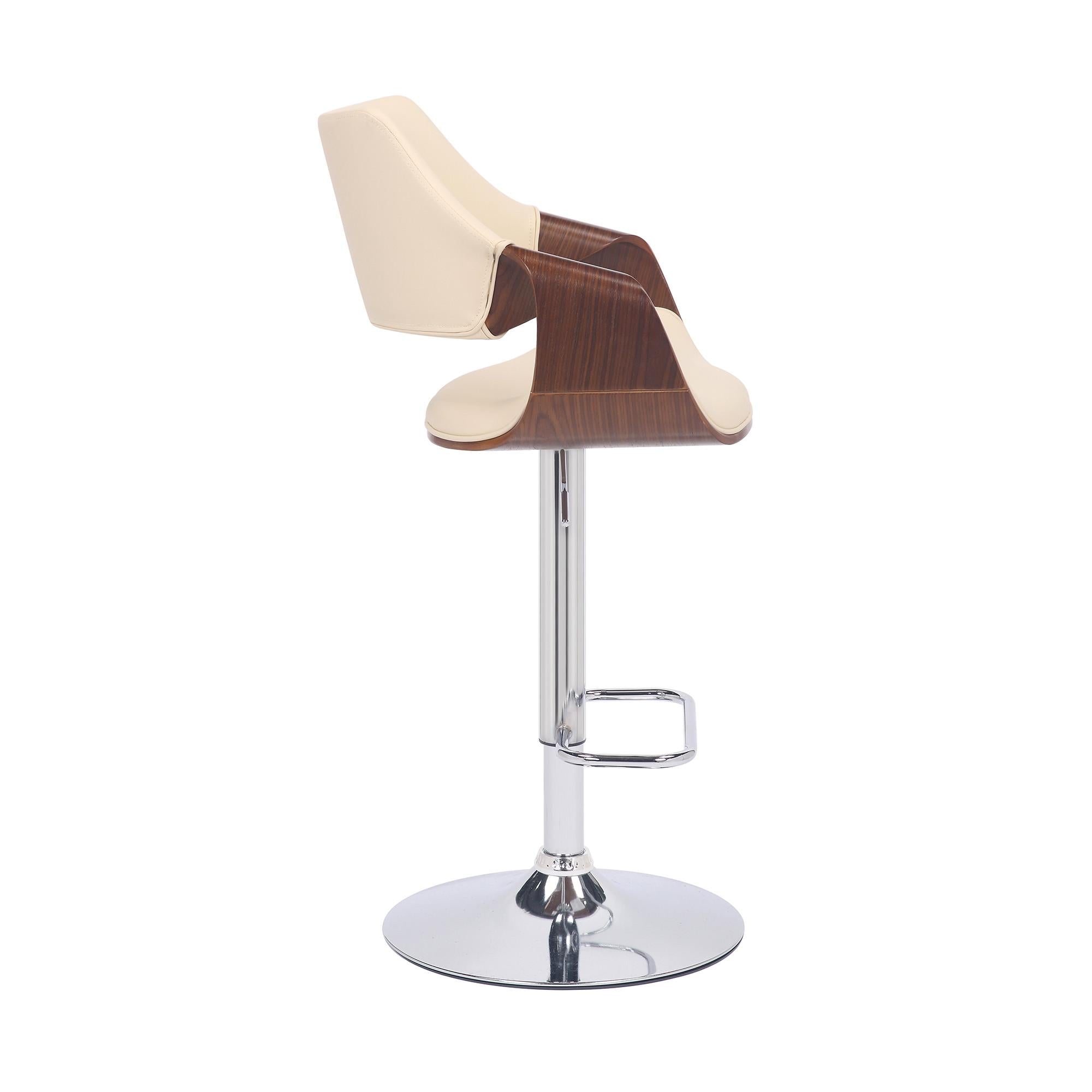 Cream Faux Leather and Walnut Wood and Chrome Swivel Adjustable Bar Stool