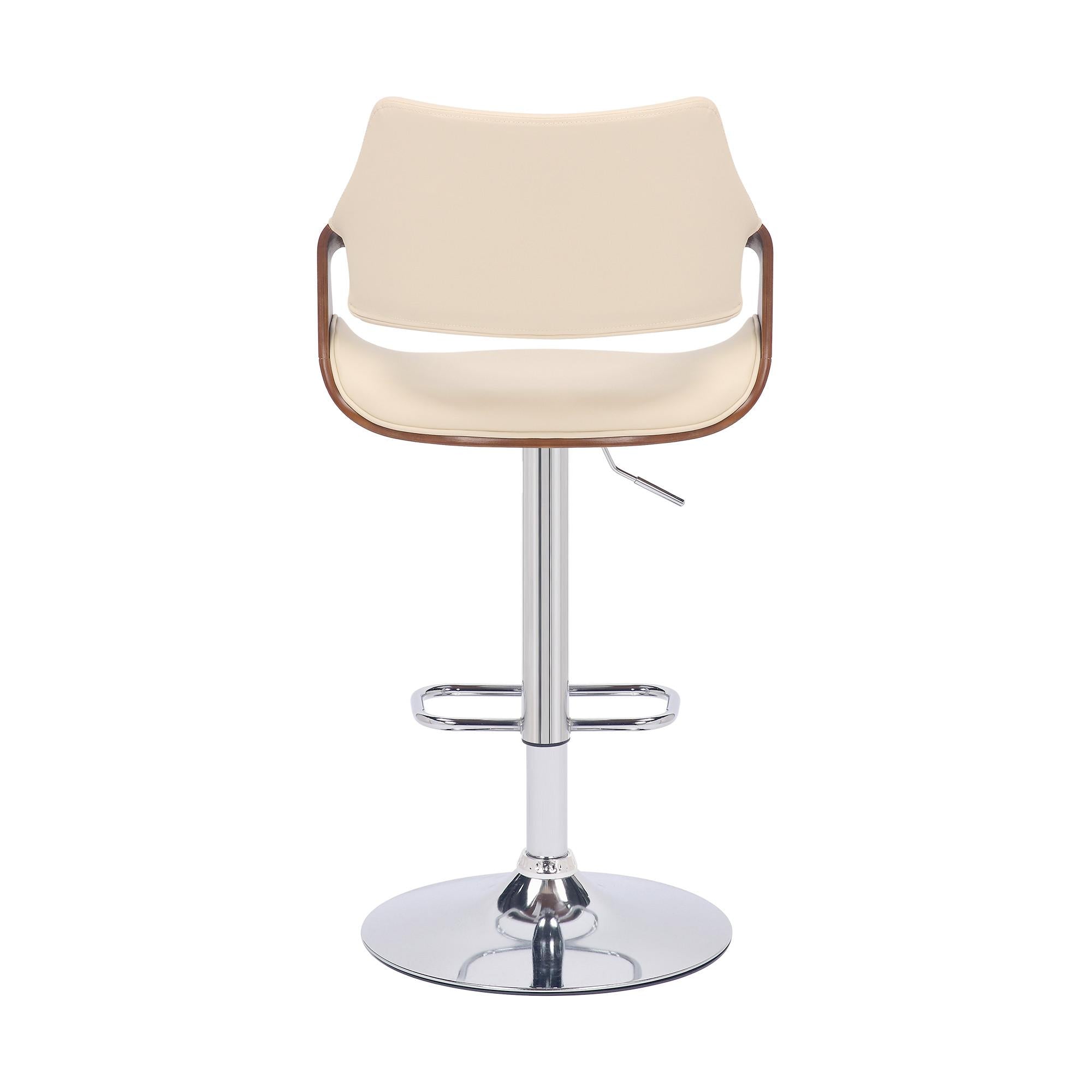 Cream Faux Leather and Walnut Wood and Chrome Swivel Adjustable Bar Stool