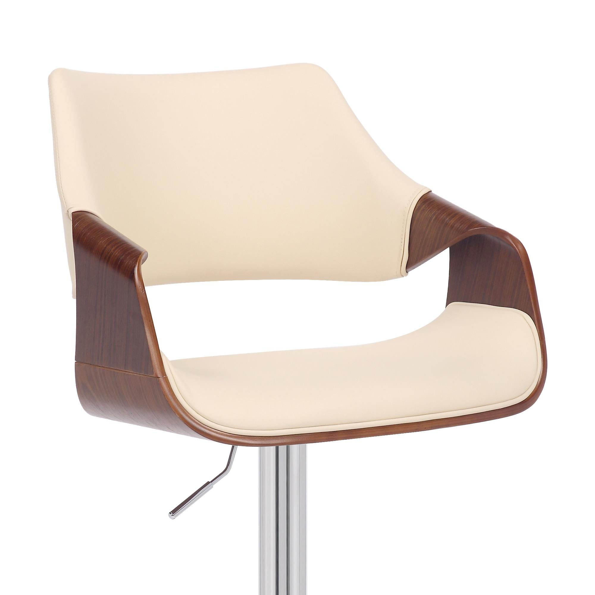 Cream Faux Leather and Walnut Wood and Chrome Swivel Adjustable Bar Stool