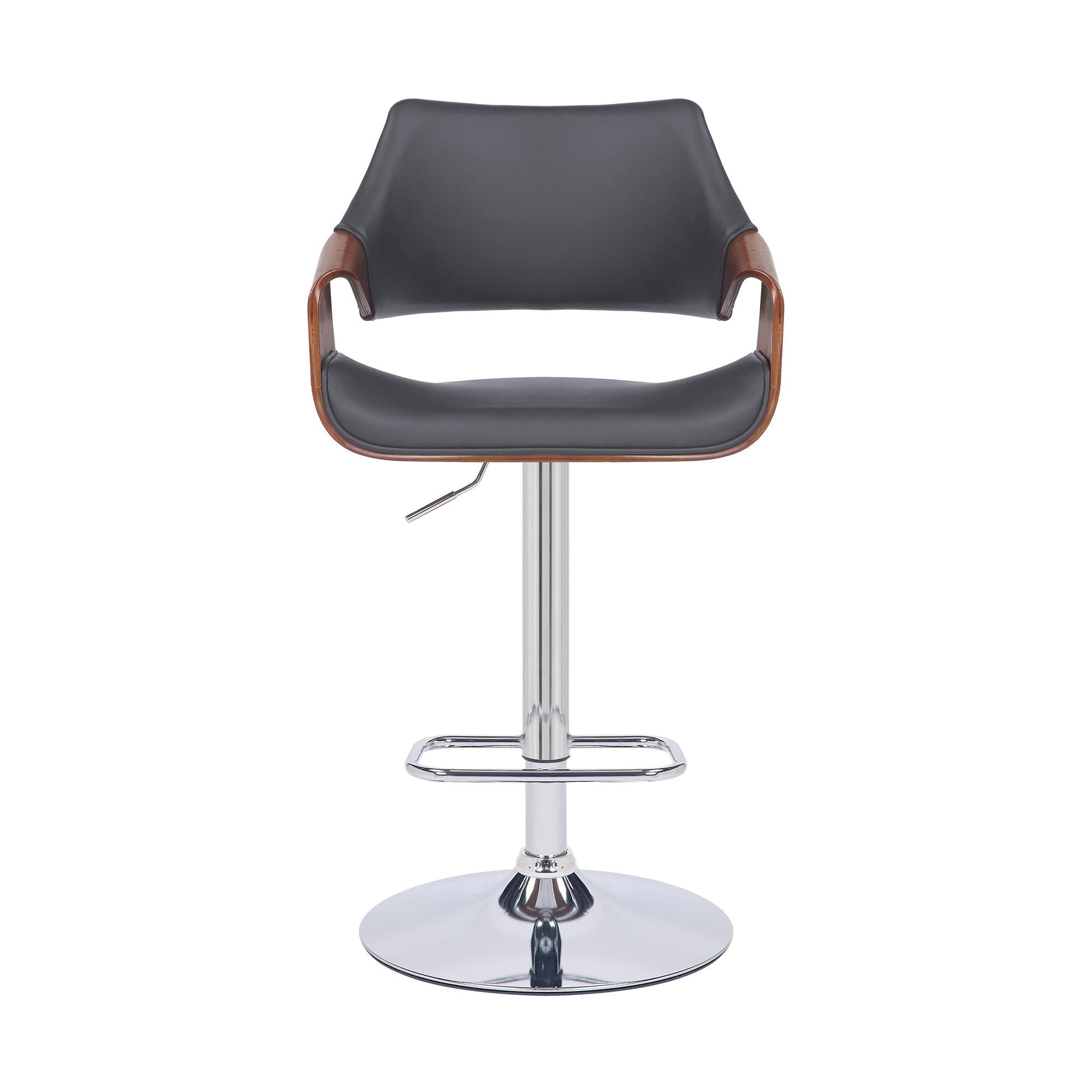 Grey Faux Leather and Walnut Wood and Chrome Swivel Adjustable Bar Stool