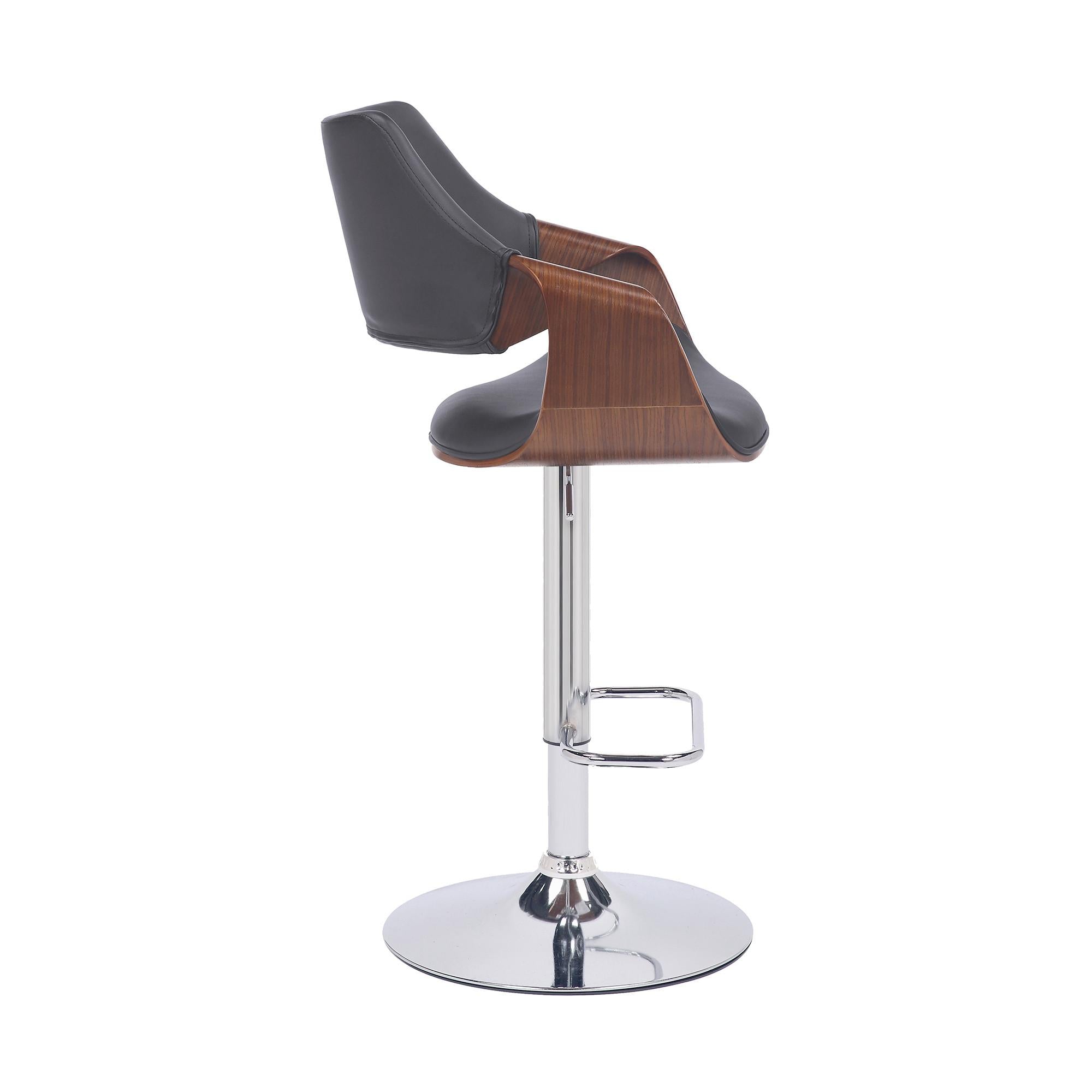 Grey Faux Leather and Walnut Wood and Chrome Swivel Adjustable Bar Stool