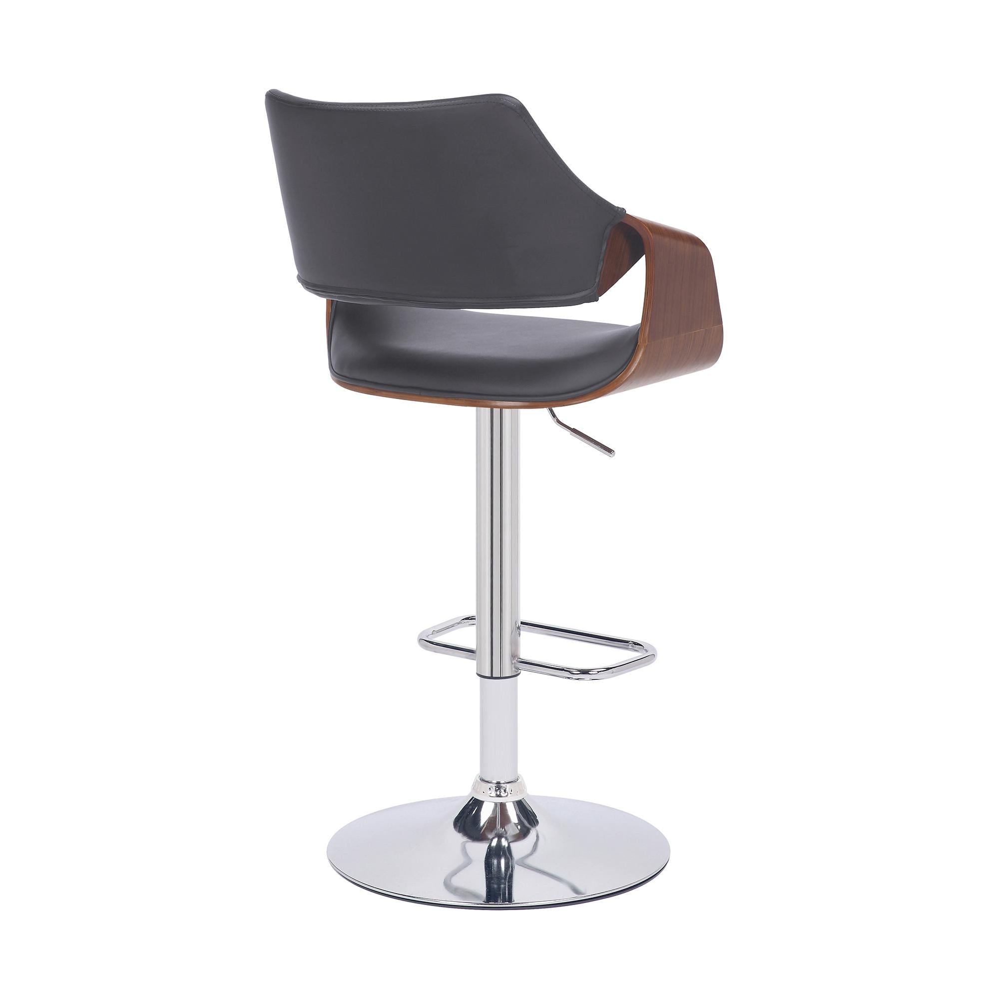 Grey Faux Leather and Walnut Wood and Chrome Swivel Adjustable Bar Stool