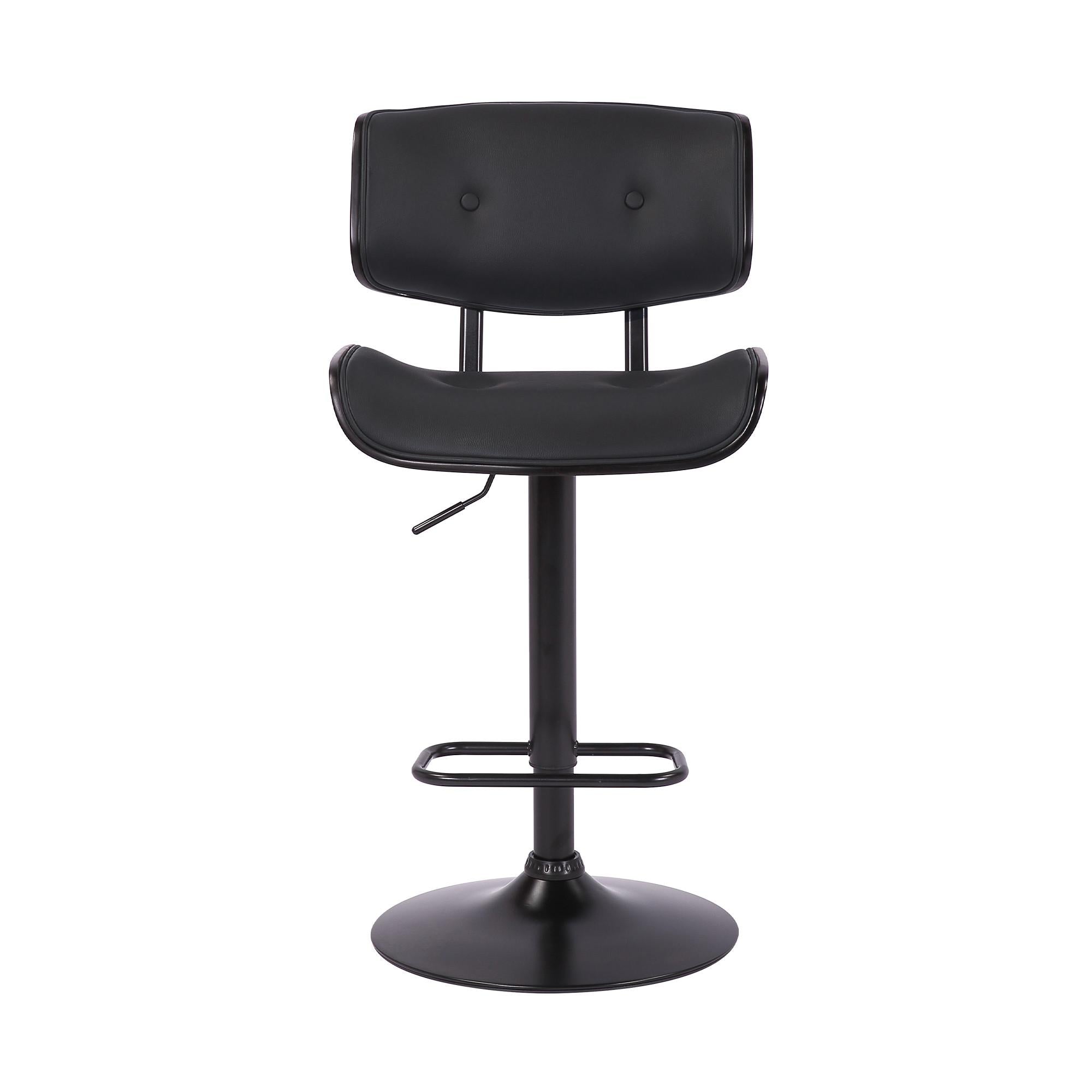 Adjustable Black Tufted Faux Leather and Black Wood Swivel Barstool.