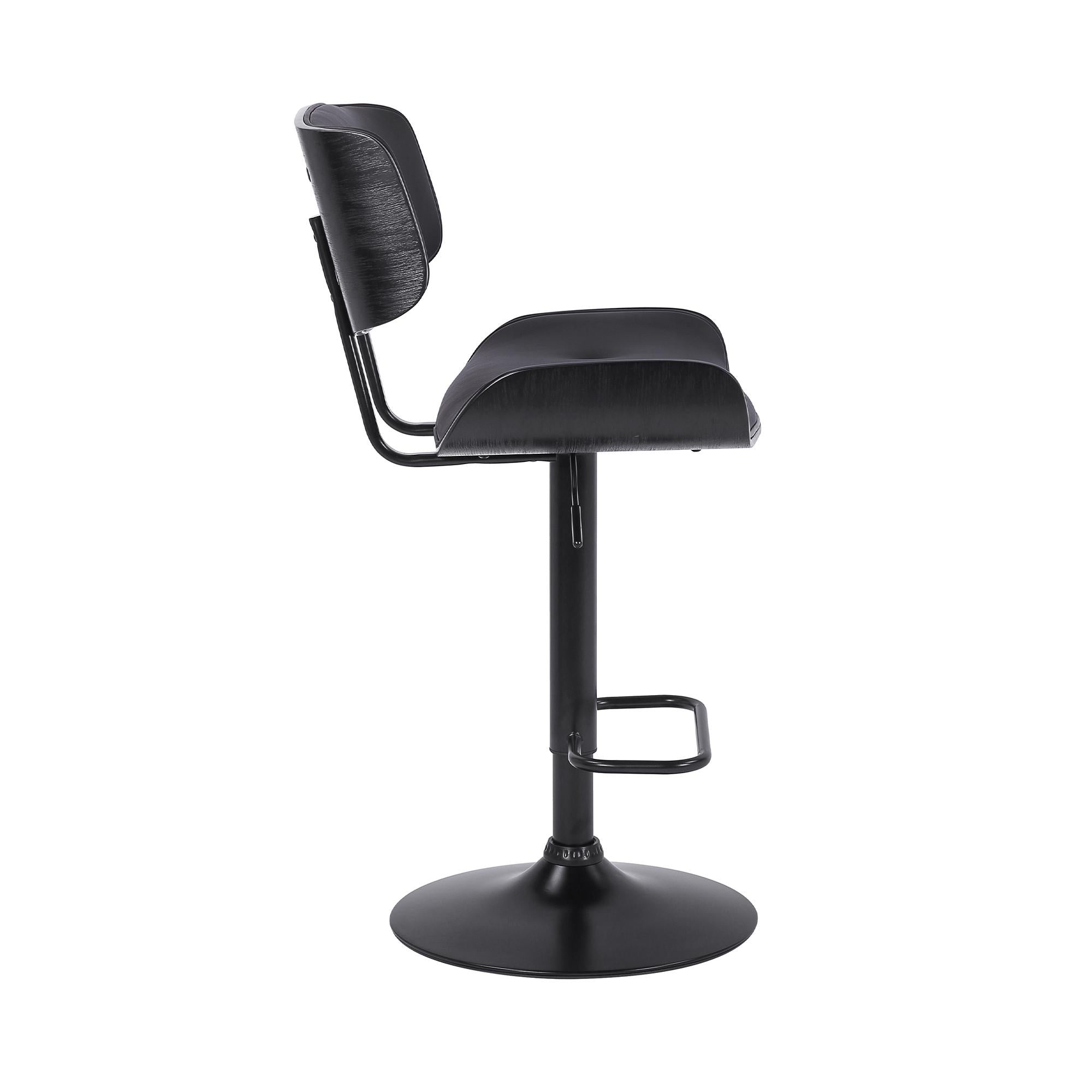 Adjustable Black Tufted Faux Leather and Black Wood Swivel Barstool.