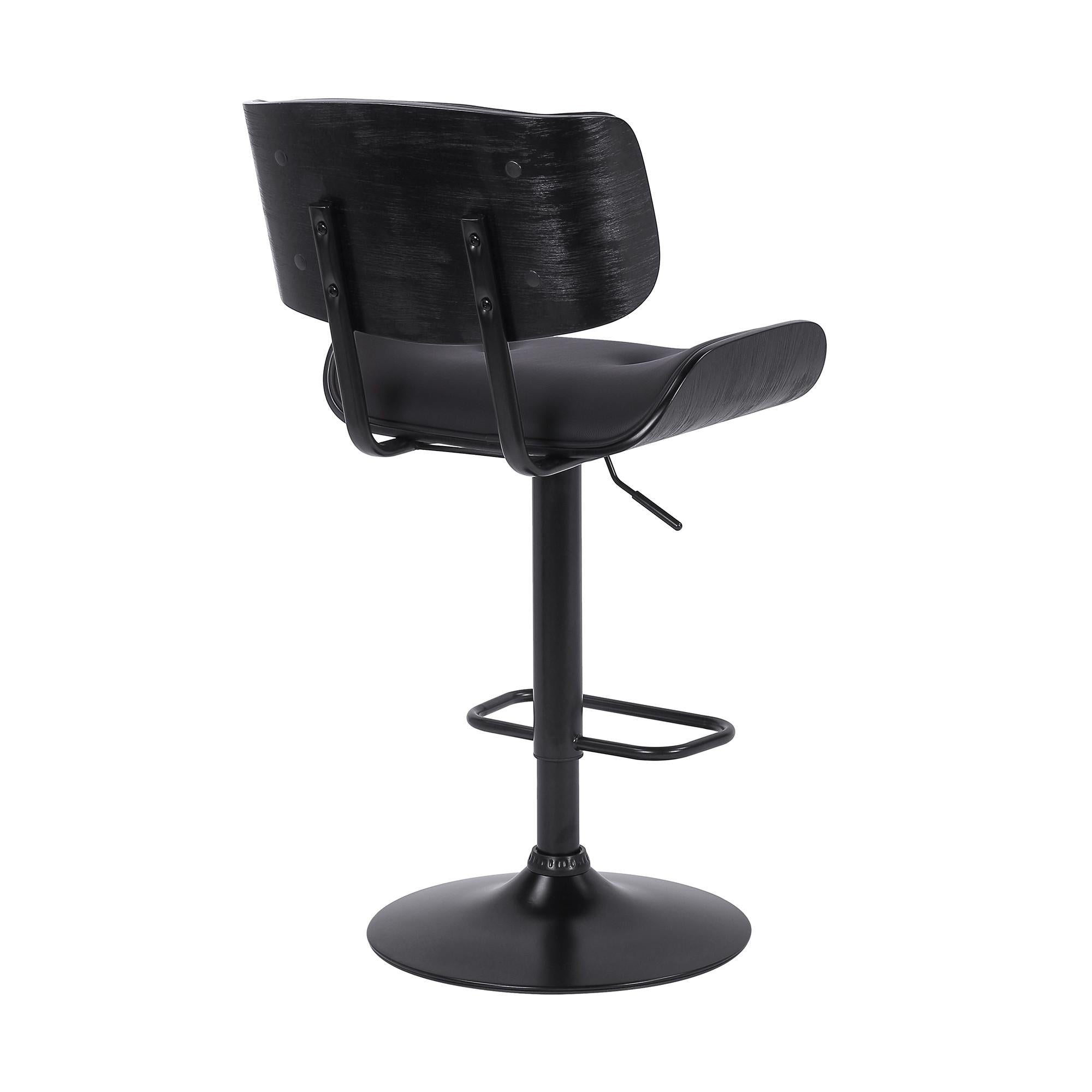 Adjustable Black Tufted Faux Leather and Black Wood Swivel Barstool.