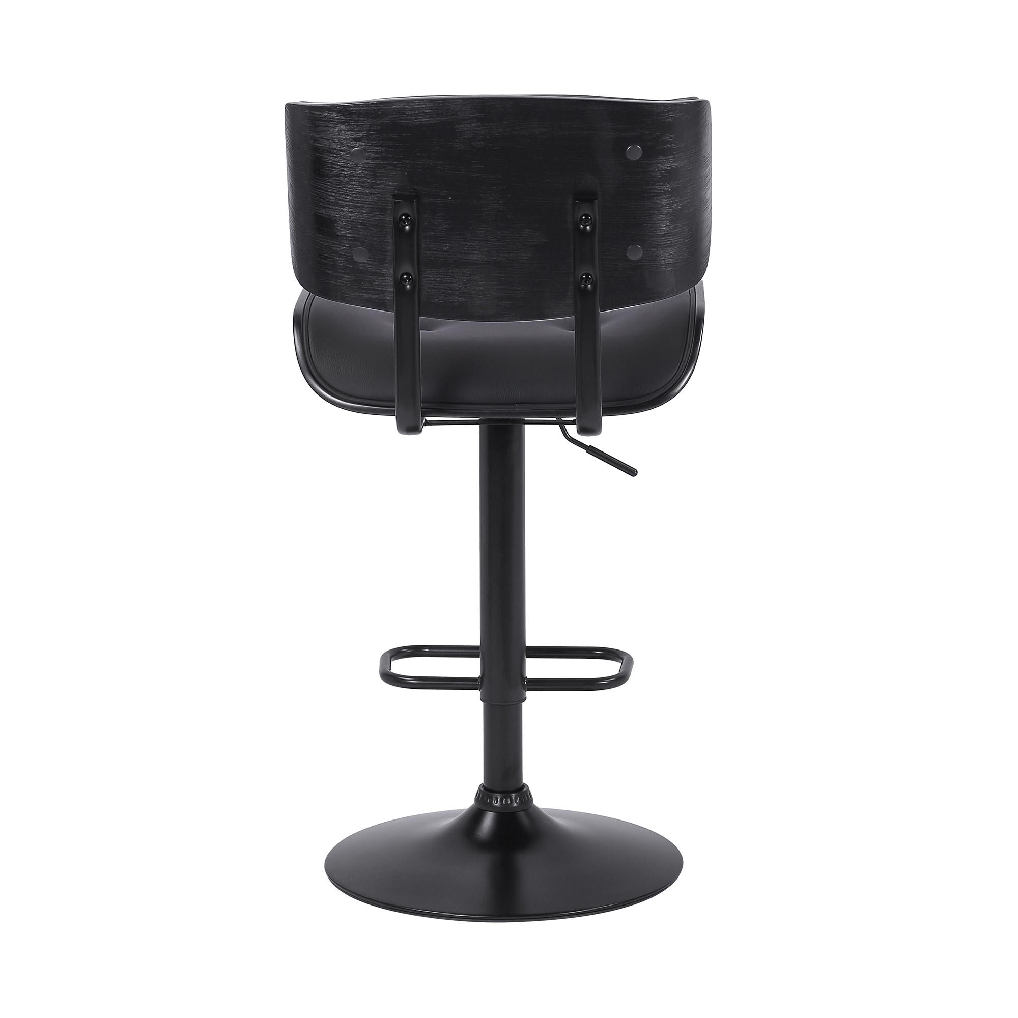 Adjustable Black Tufted Faux Leather and Black Wood Swivel Barstool.