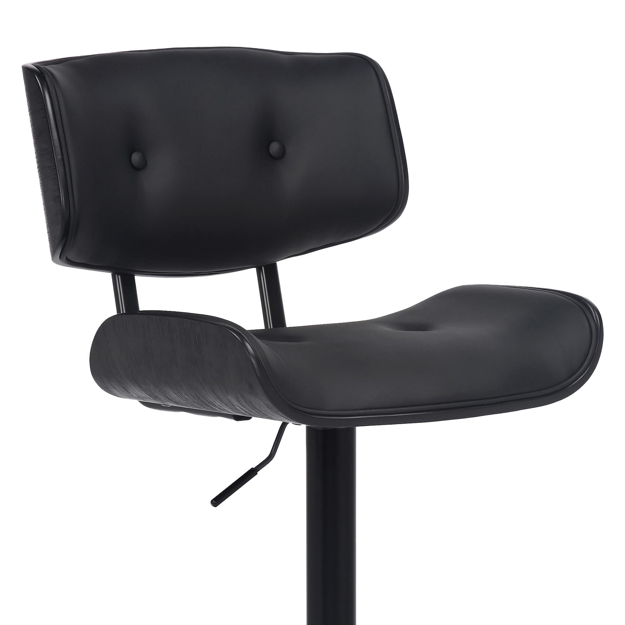 Adjustable Black Tufted Faux Leather and Black Wood Swivel Barstool.