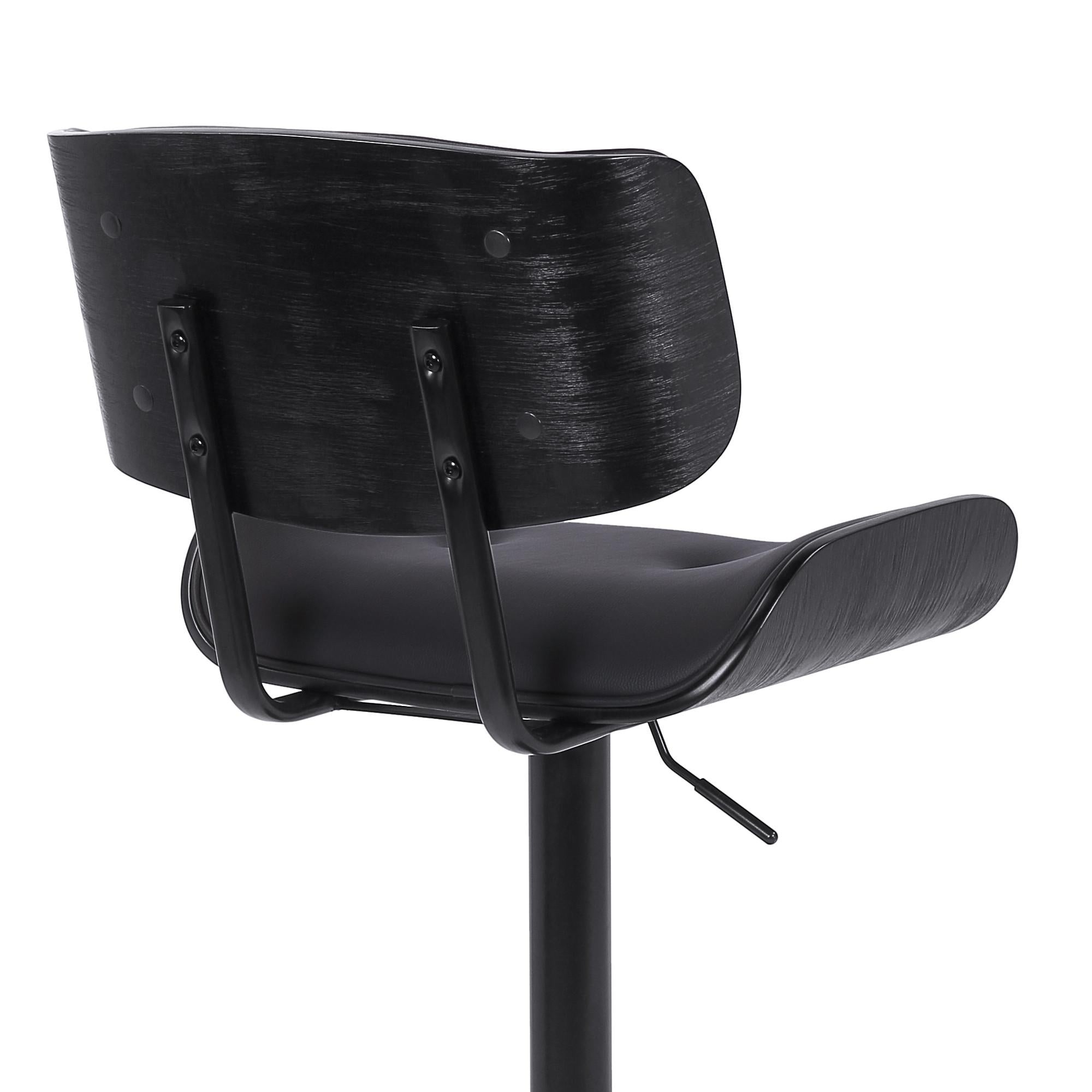 Adjustable Black Tufted Faux Leather and Black Wood Swivel Barstool.