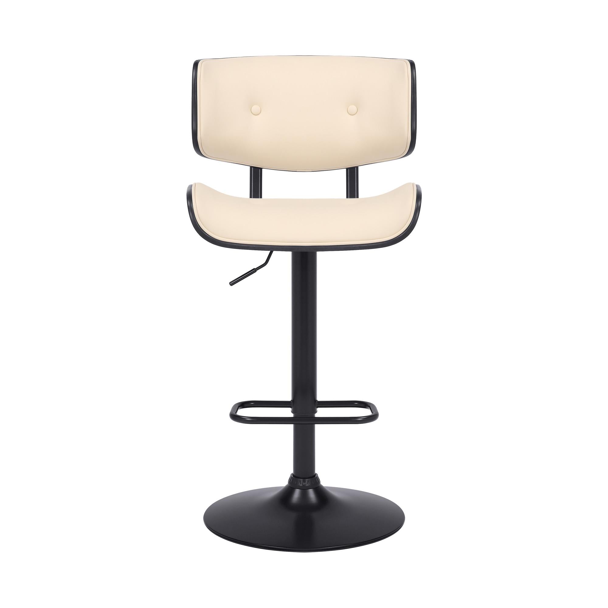 Adjustable Cream Tufted Faux Leather and Black Wood Swivel Barstool.