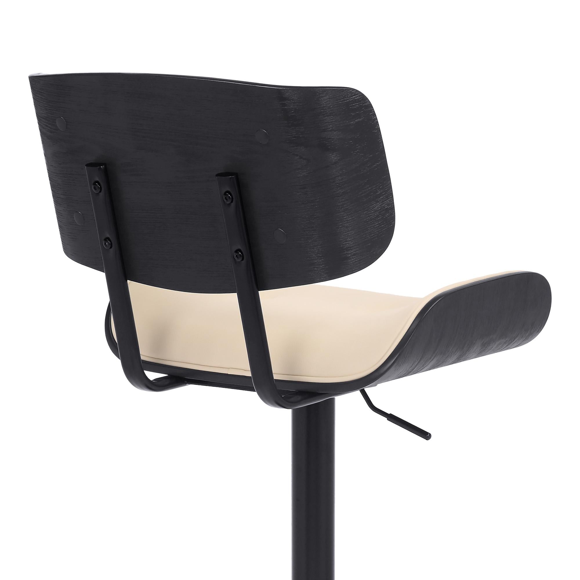 Adjustable Cream Tufted Faux Leather and Black Wood Swivel Barstool.