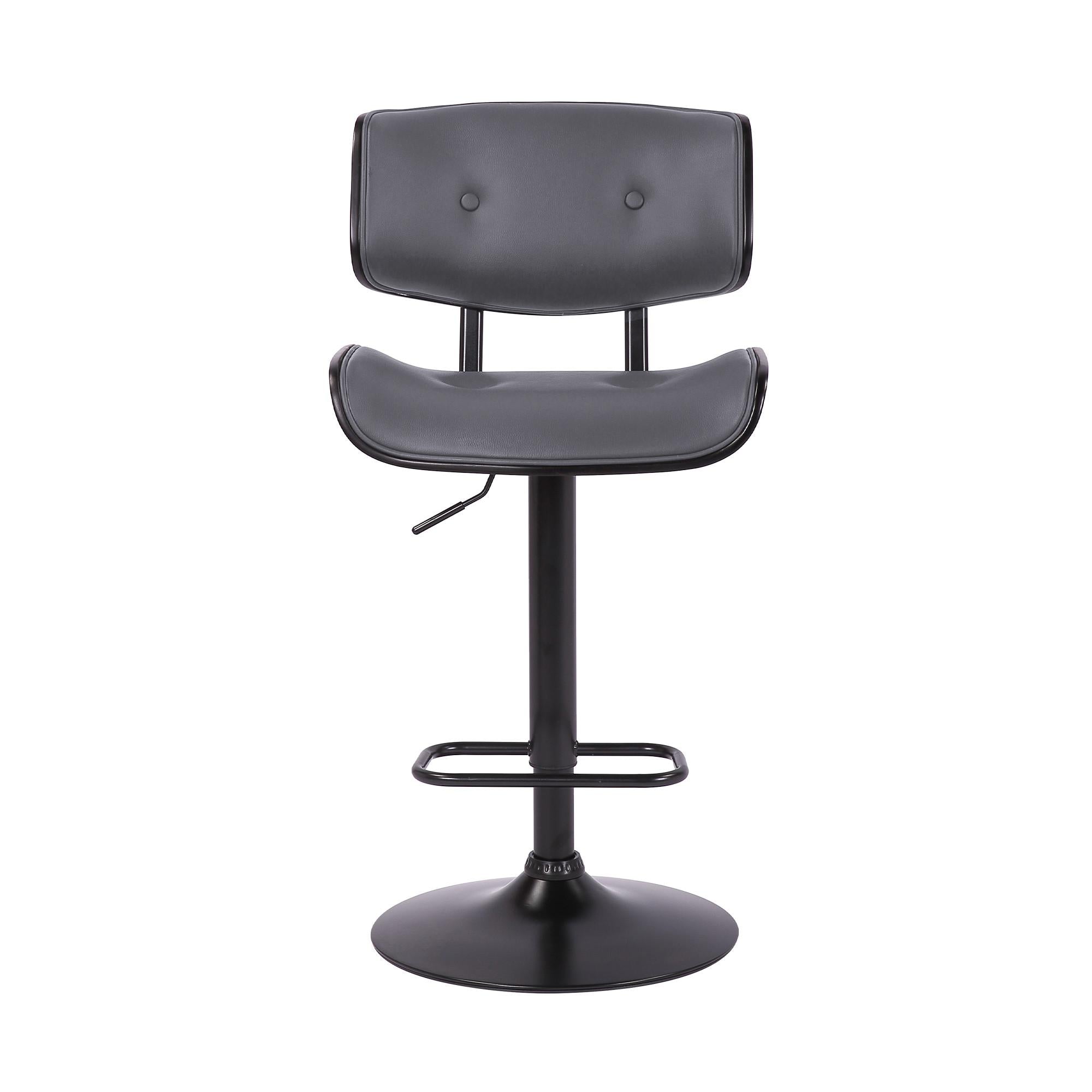 Adjustable Gray Tufted Faux Leather and Black Wood Swivel Barstool.