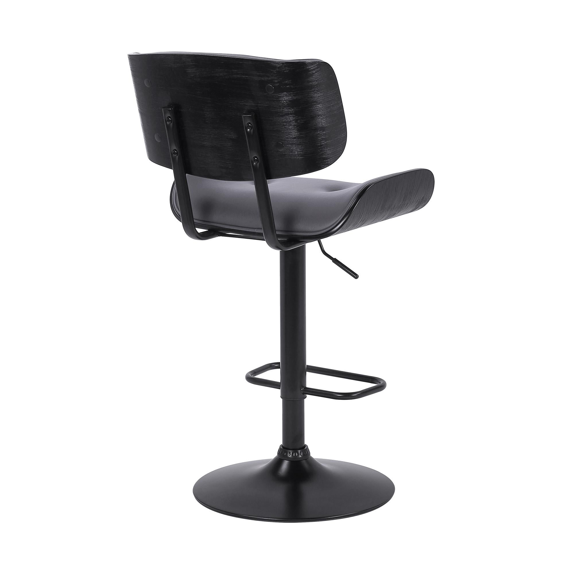 Adjustable Gray Tufted Faux Leather and Black Wood Swivel Barstool.