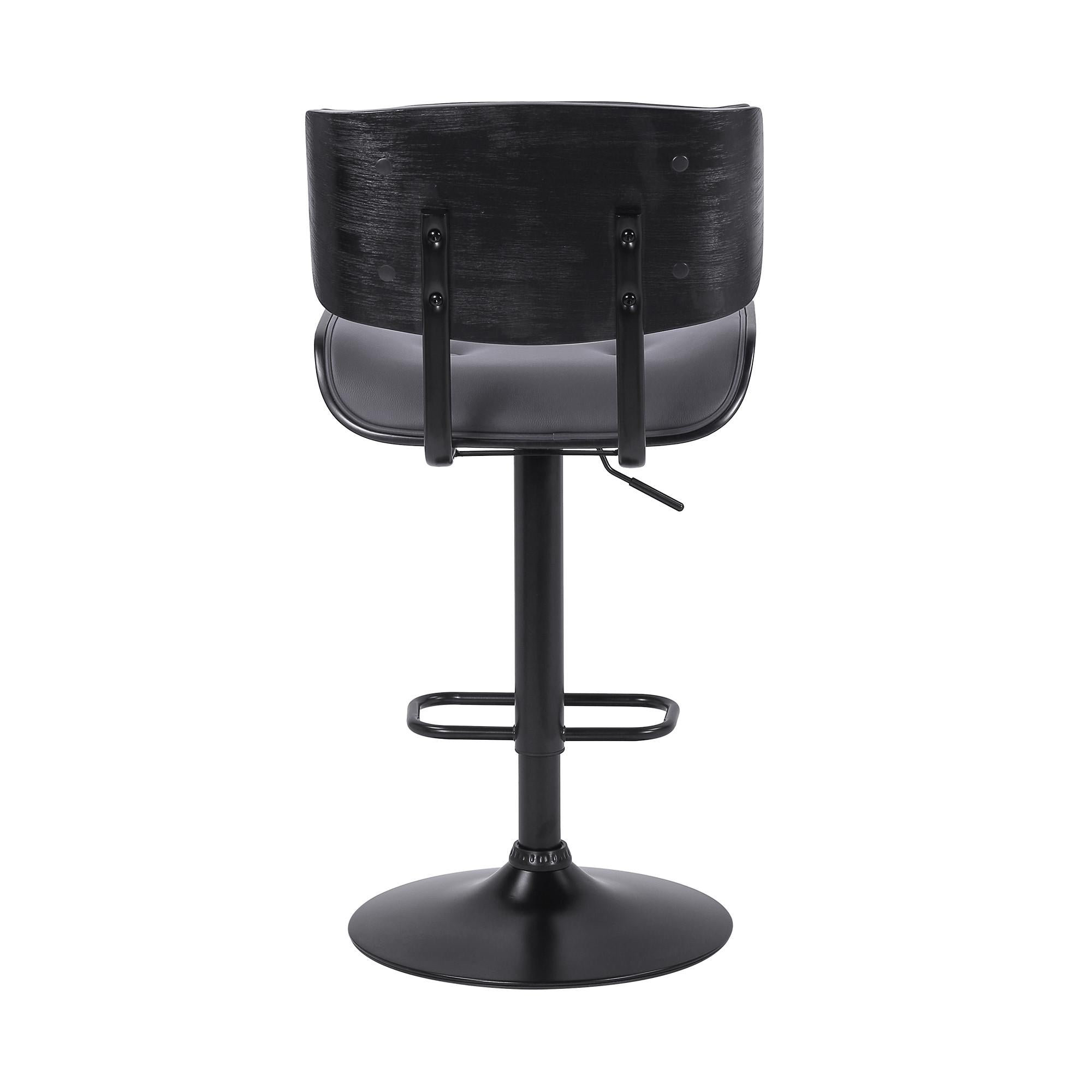 Adjustable Gray Tufted Faux Leather and Black Wood Swivel Barstool.