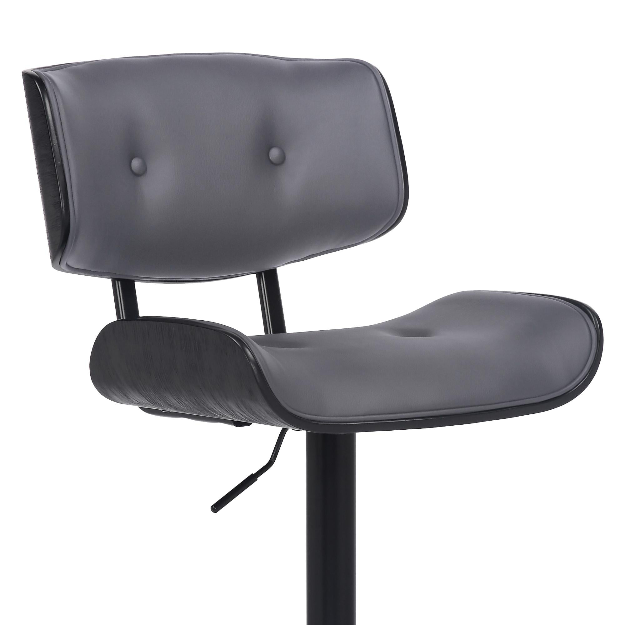 Adjustable Gray Tufted Faux Leather and Black Wood Swivel Barstool.