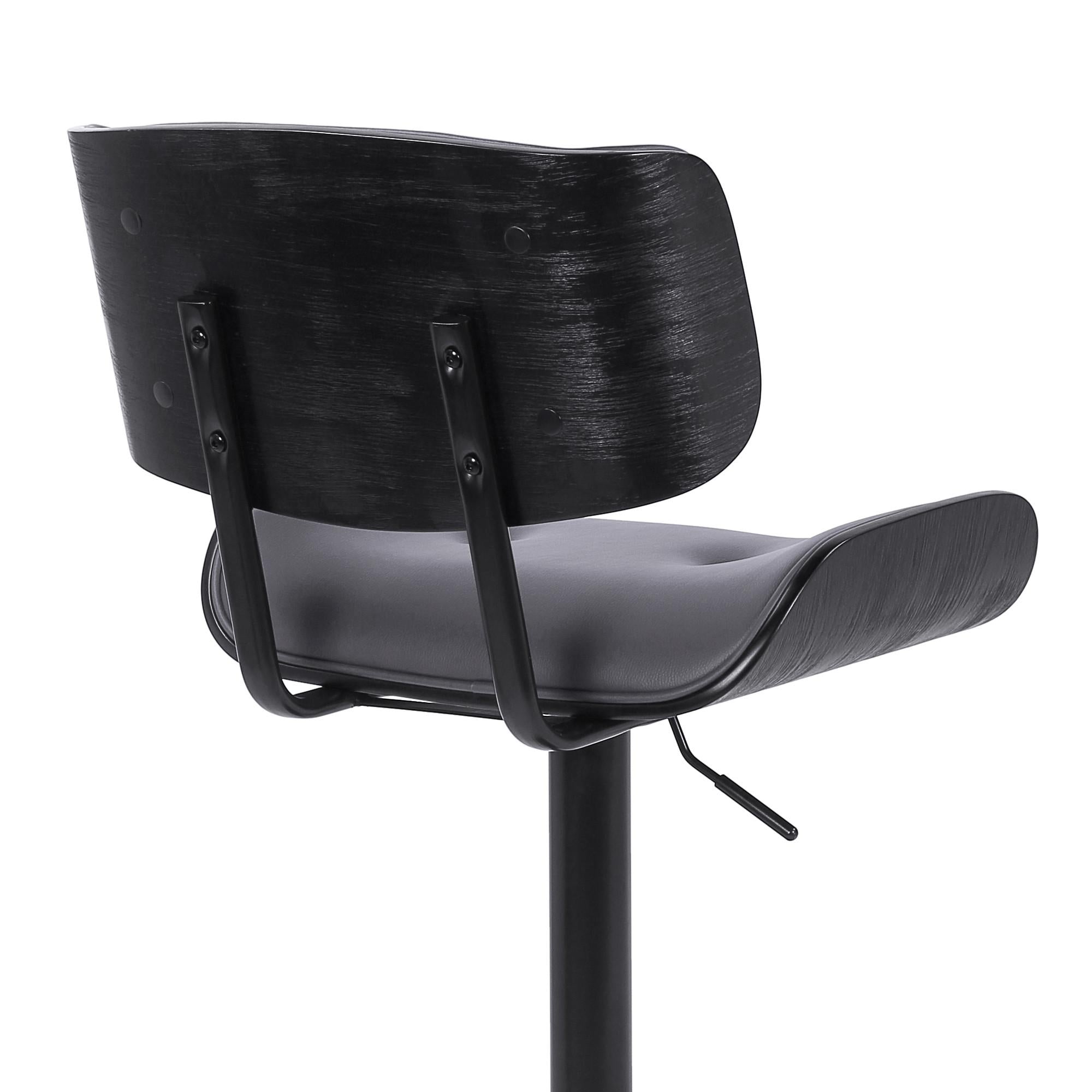 Adjustable Gray Tufted Faux Leather and Black Wood Swivel Barstool.