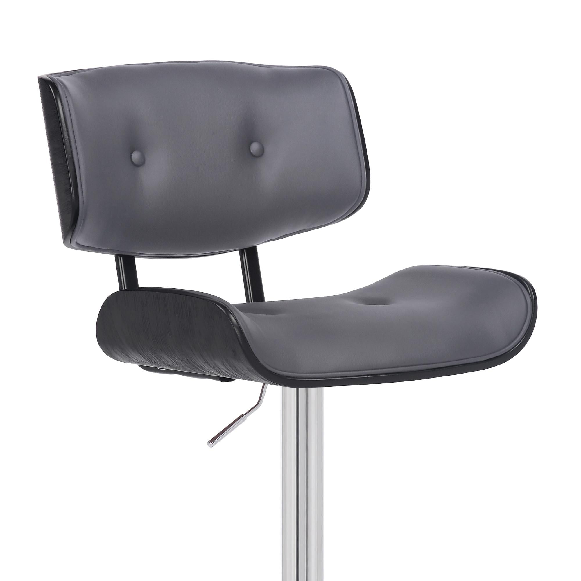 Adjustable Gray Tufted Faux Leather Black and Chrome Swivel Barstool.