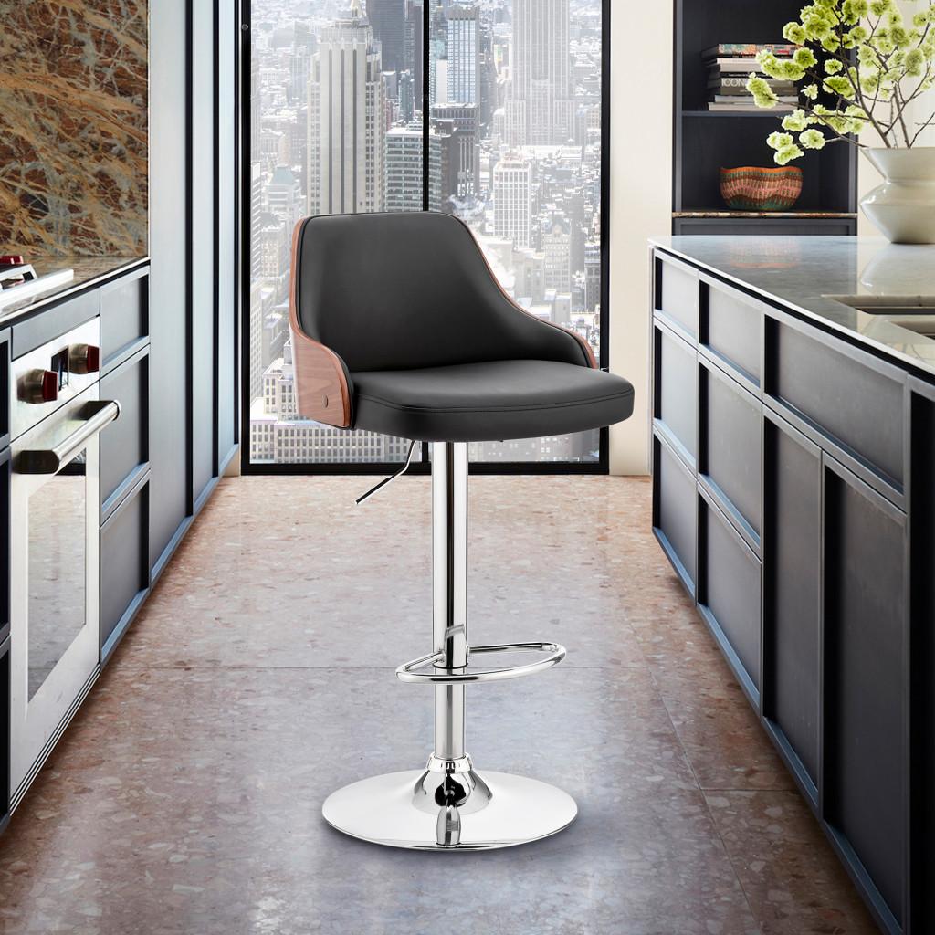 Black Faux Leather Adjustable Modern Bar Stool