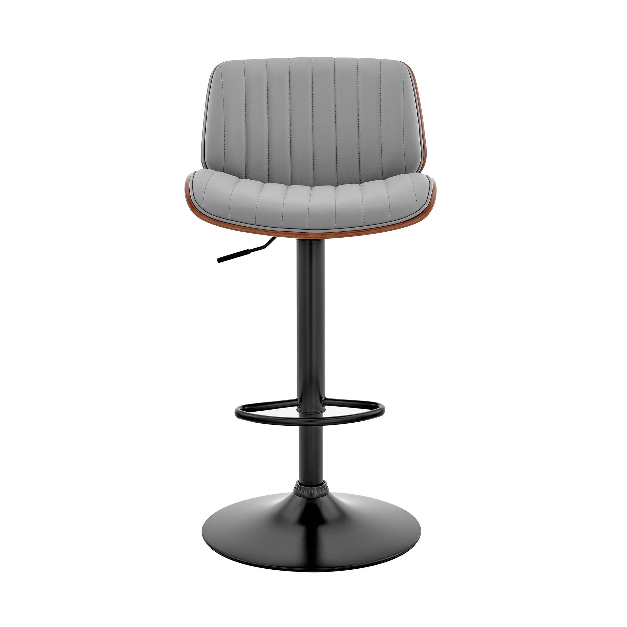 Adjustable Gray Faux Leather Black Steel and Walnut Bar Stool