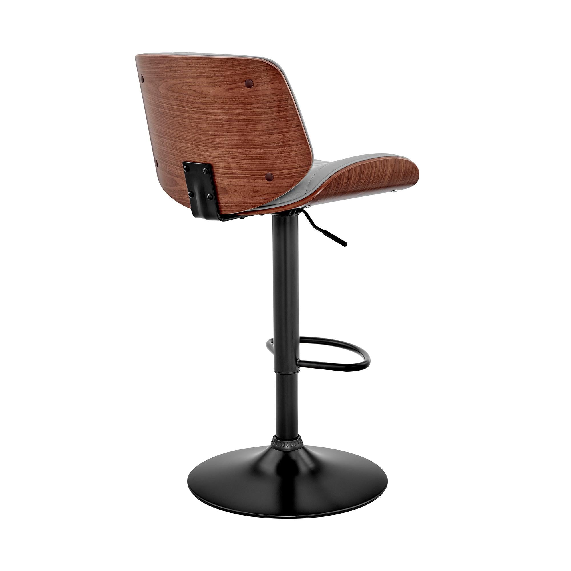 Adjustable Gray Faux Leather Black Steel and Walnut Bar Stool