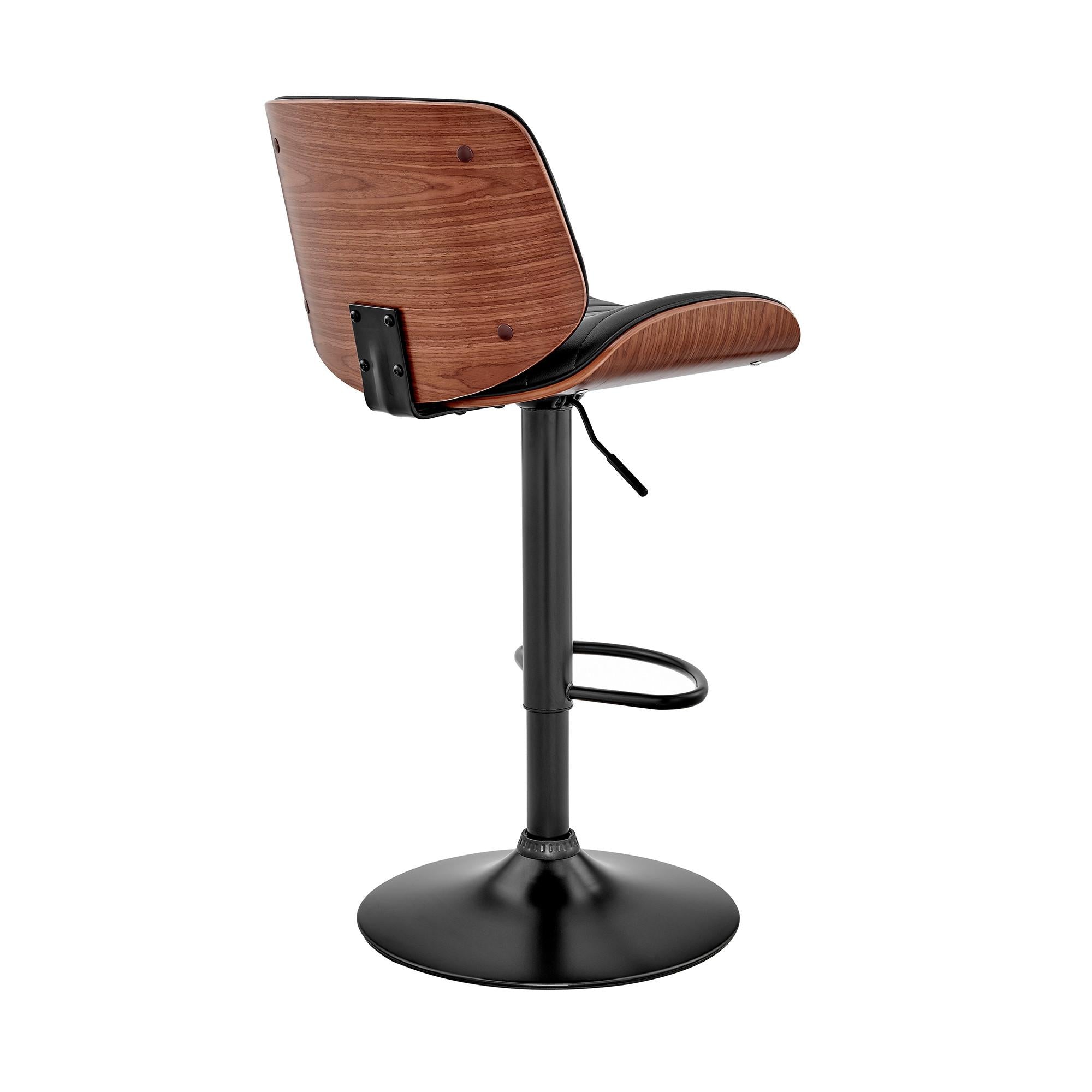 Adjustable Black Faux Leather Black Steel and Walnut Bar Stool