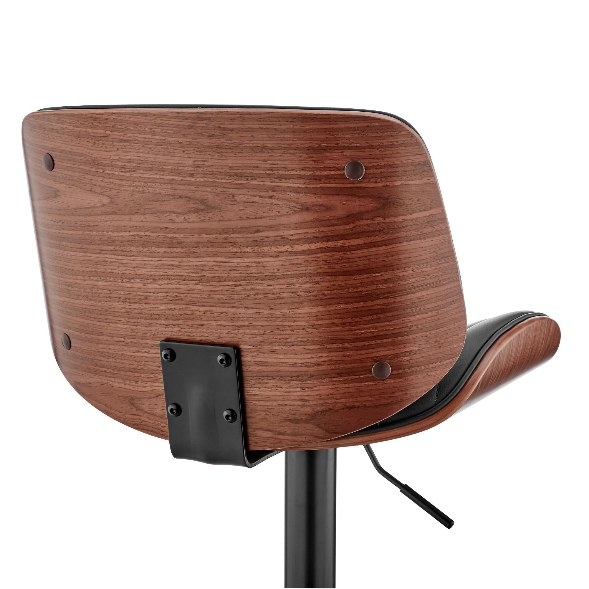 Adjustable Black Faux Leather Black Steel and Walnut Bar Stool