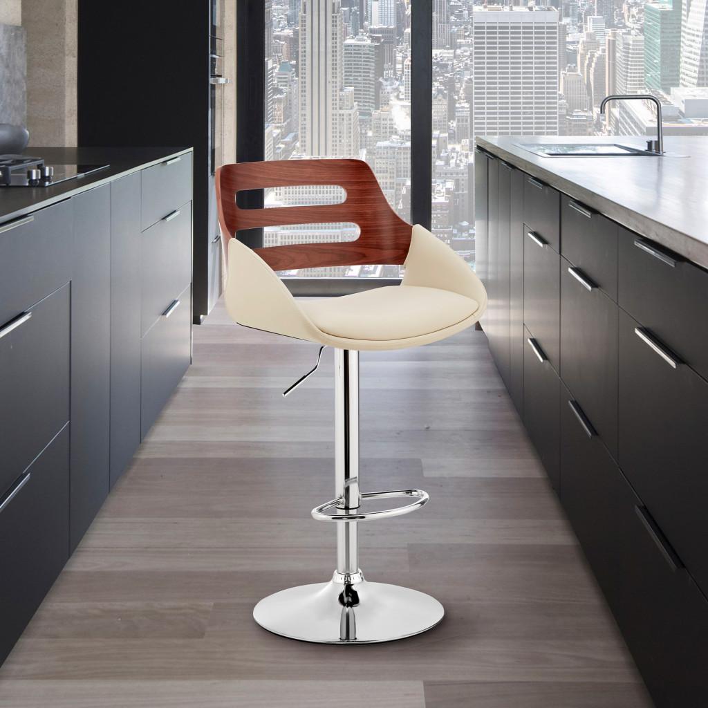 Cream Faux Leather and Walnut Wood Adjustable Bar Stool