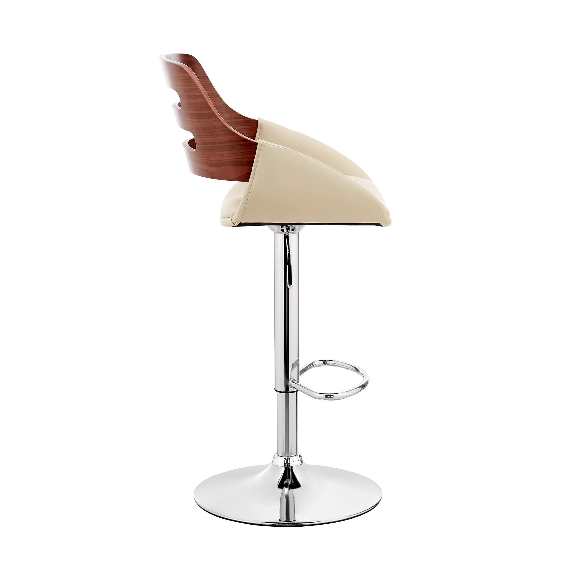 Cream Faux Leather and Walnut Wood Adjustable Bar Stool