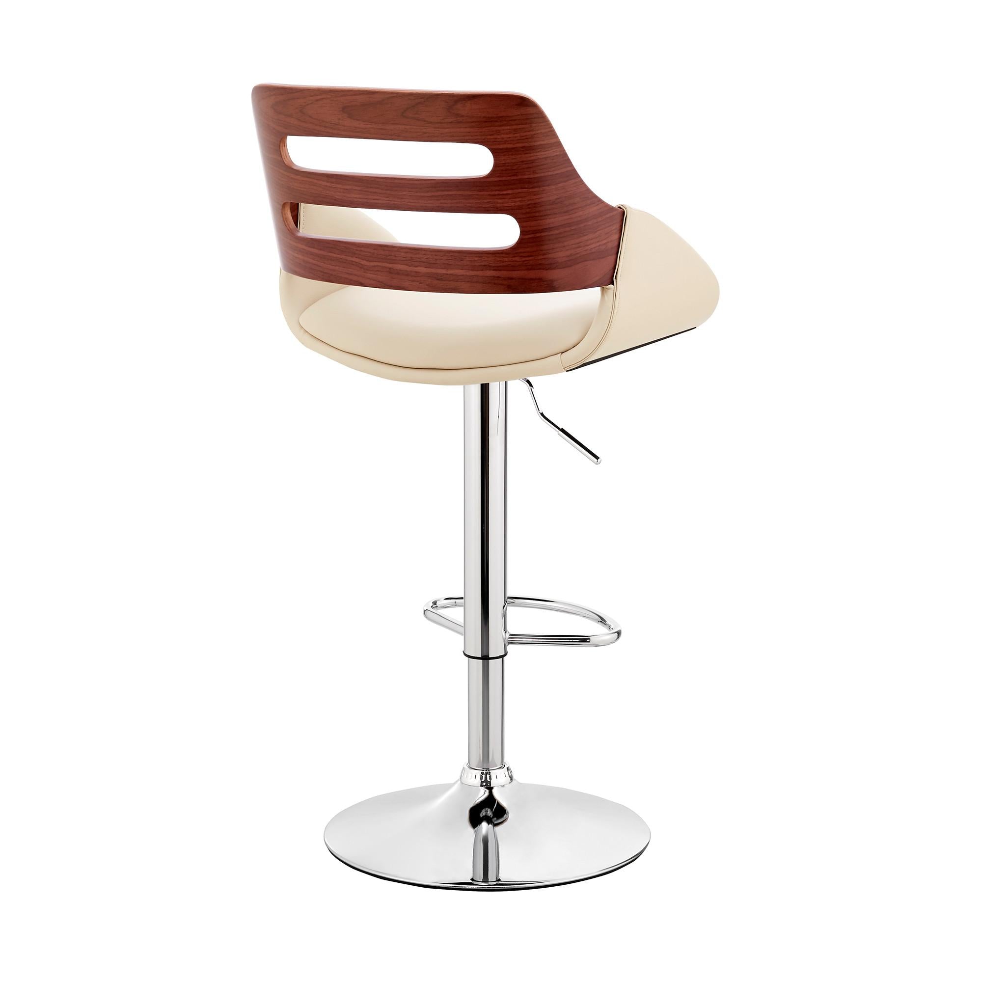 Cream Faux Leather and Walnut Wood Adjustable Bar Stool