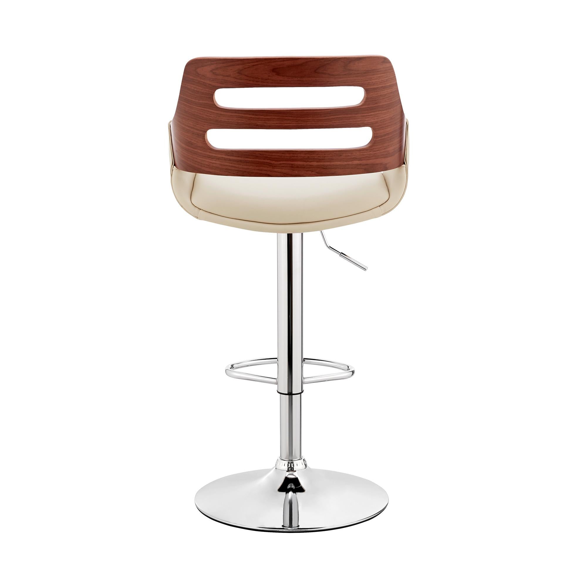 Cream Faux Leather and Walnut Wood Adjustable Bar Stool